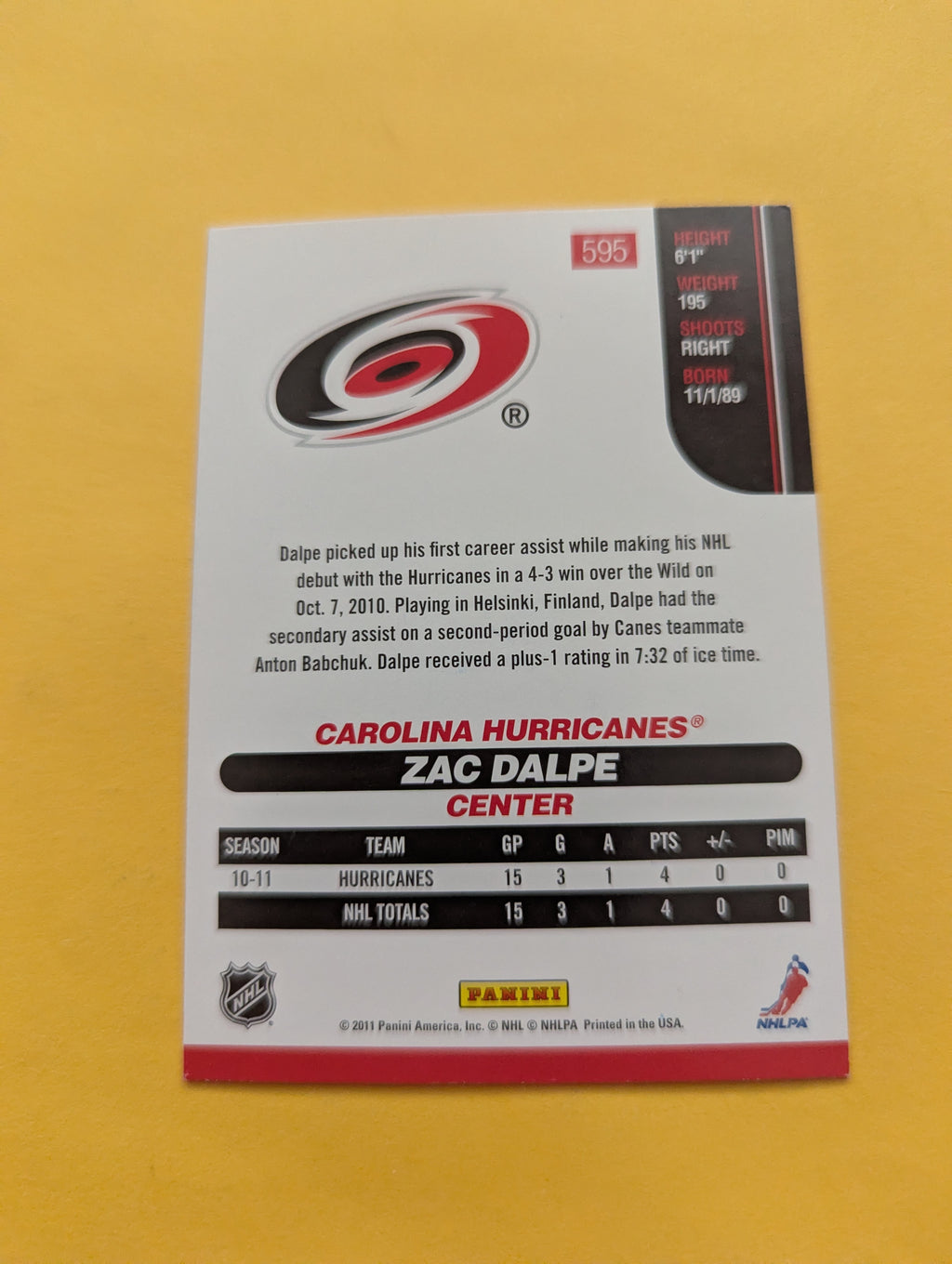 Zac Dalpe Signed Carolina Hurricanes Rookie Card A