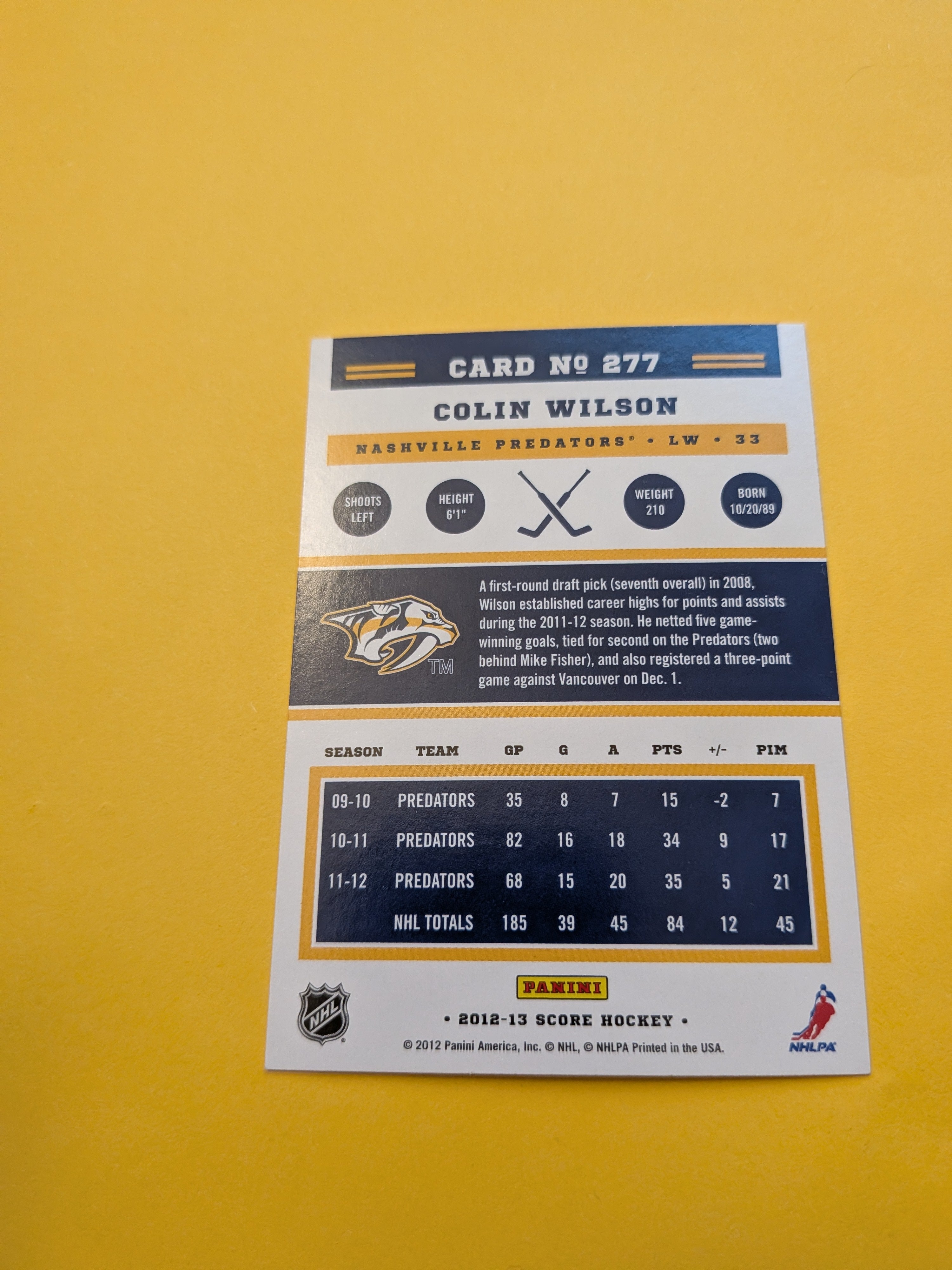 Colin Wilson Signed Nashville Predators Card L