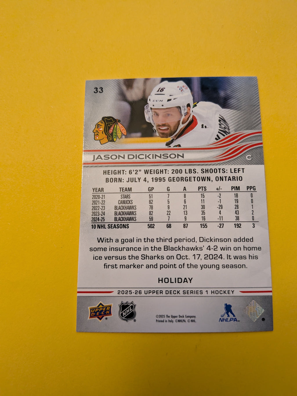 Jason Dickinson 25-26 Upper Deck Green Holiday Card
