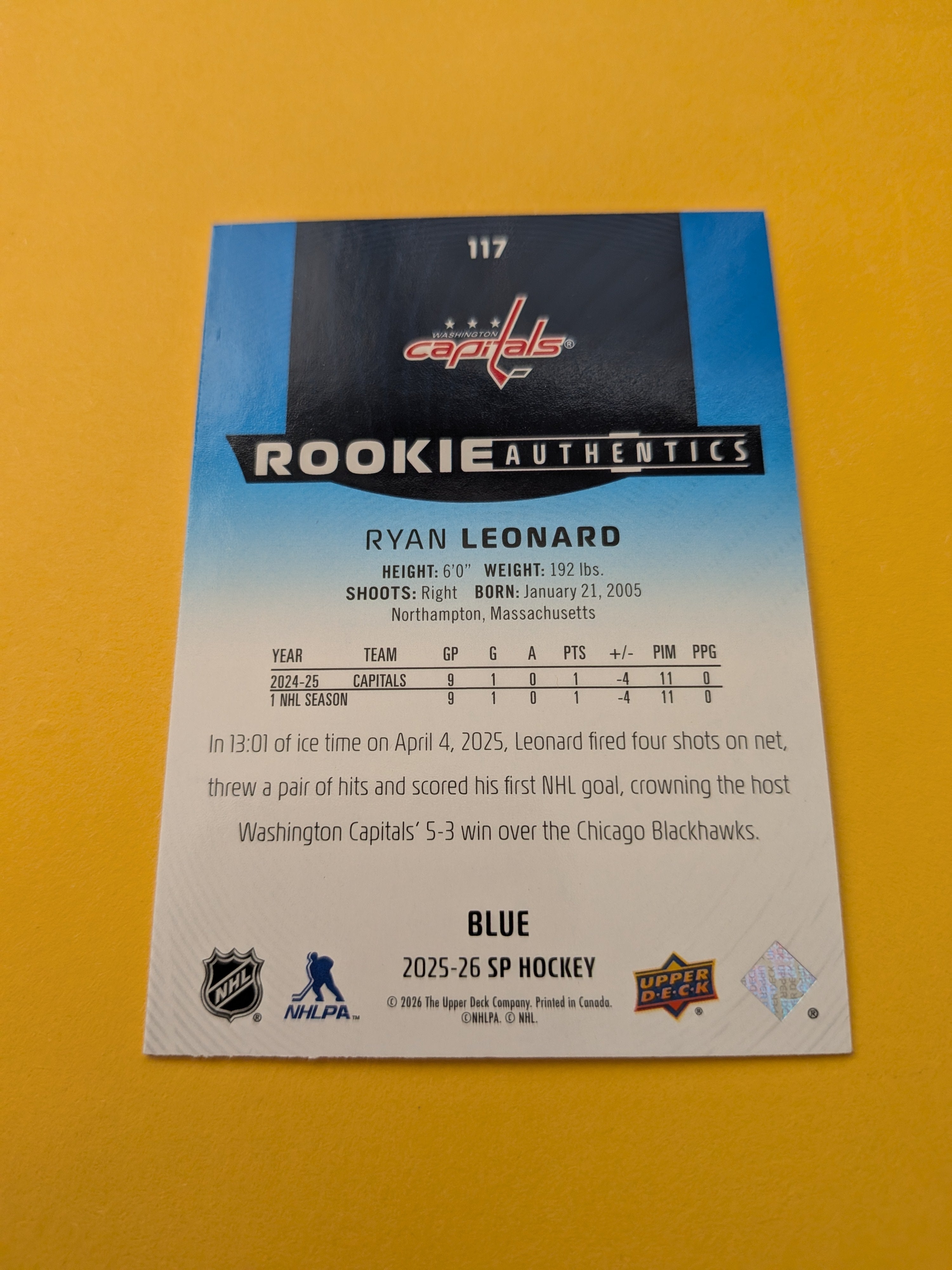 Ryan Leonard 25-26 SP Rookie Authentics Blue Card
