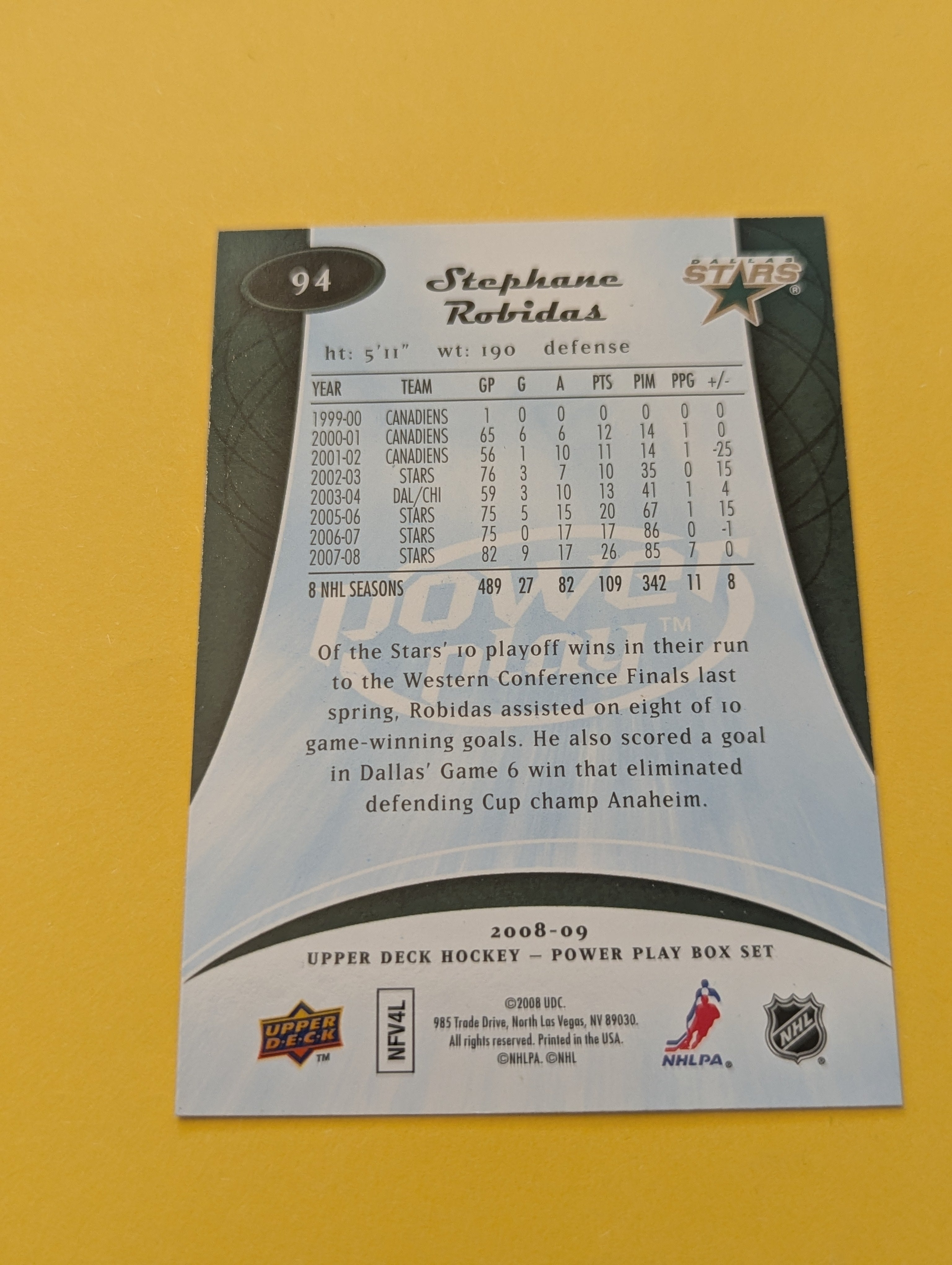 Stephane Robidas Signed Dallas Stars Card