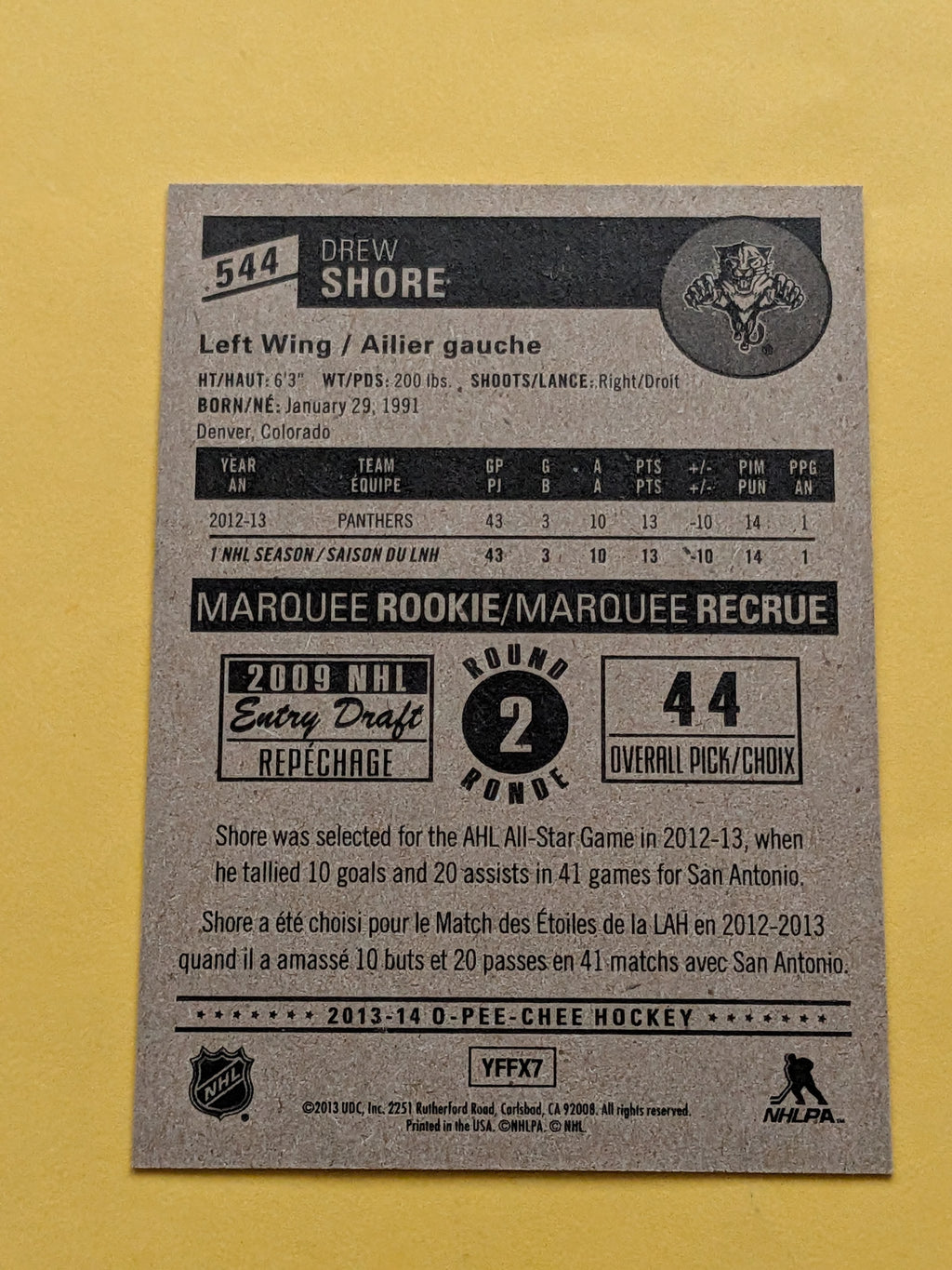 Drew Shore Signed Florida Panthers Rookie Card B