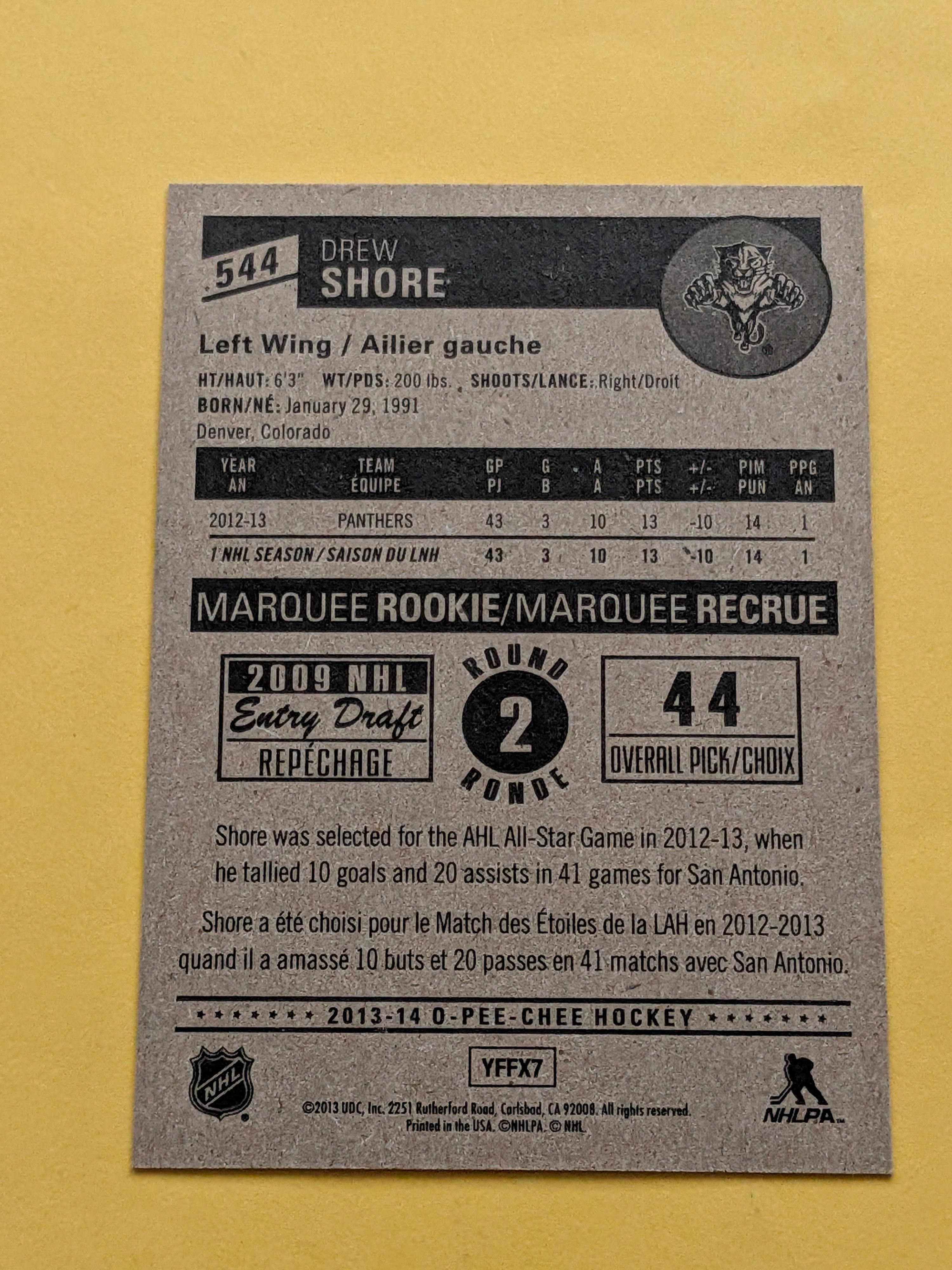 Drew Shore Signed Florida Panthers Rookie Card B