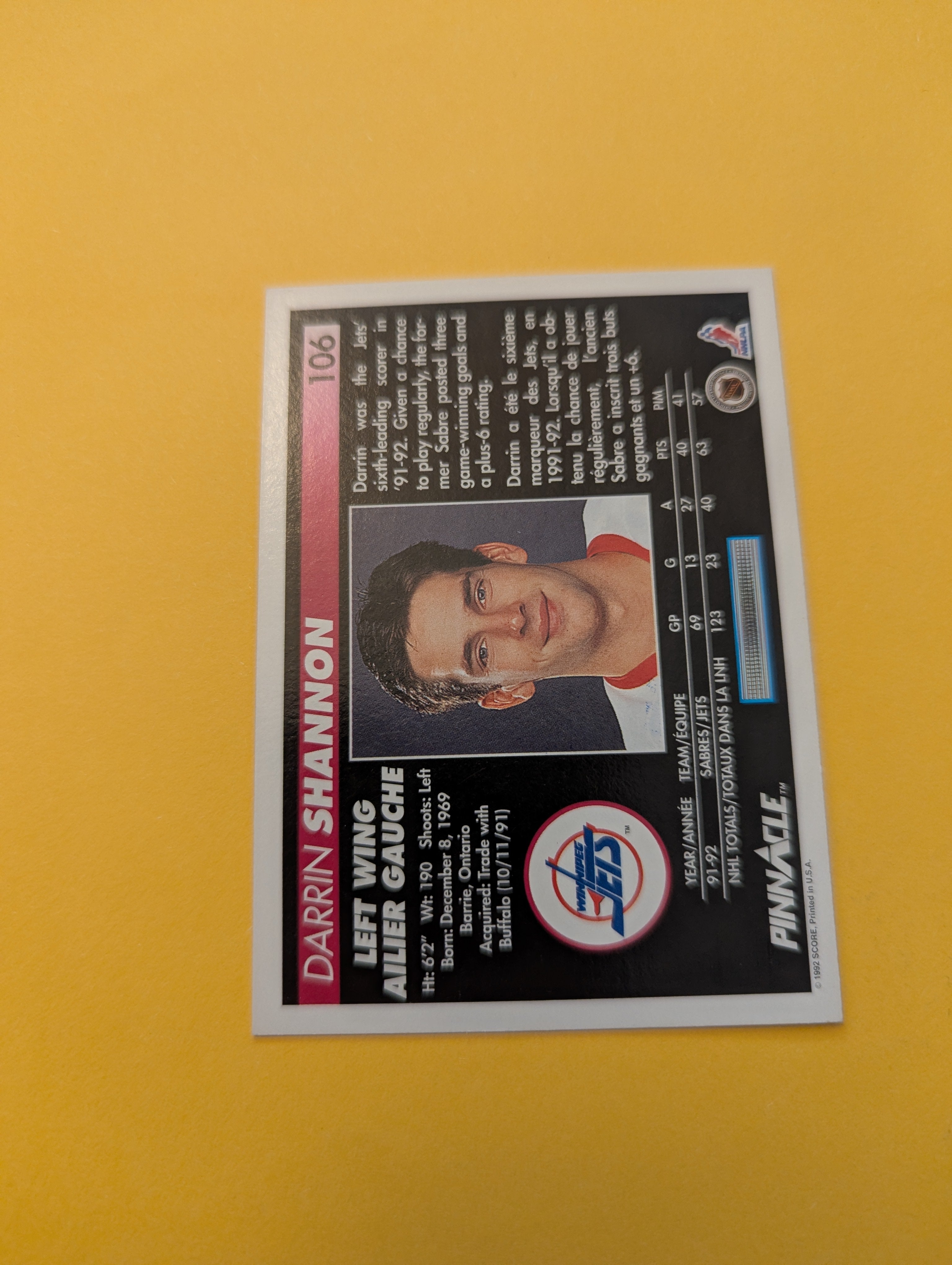 Darrin Shannon Signed Winnipeg Jets Card