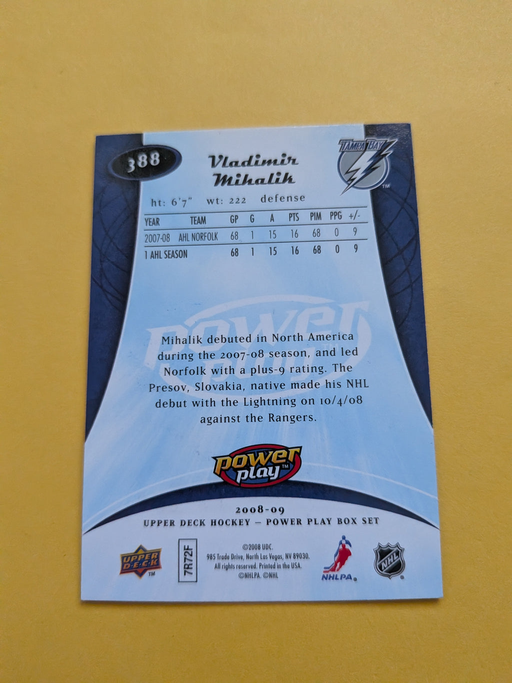 Vladimir Mihalik Signed Tampa Bay Lightning Rookie Card A