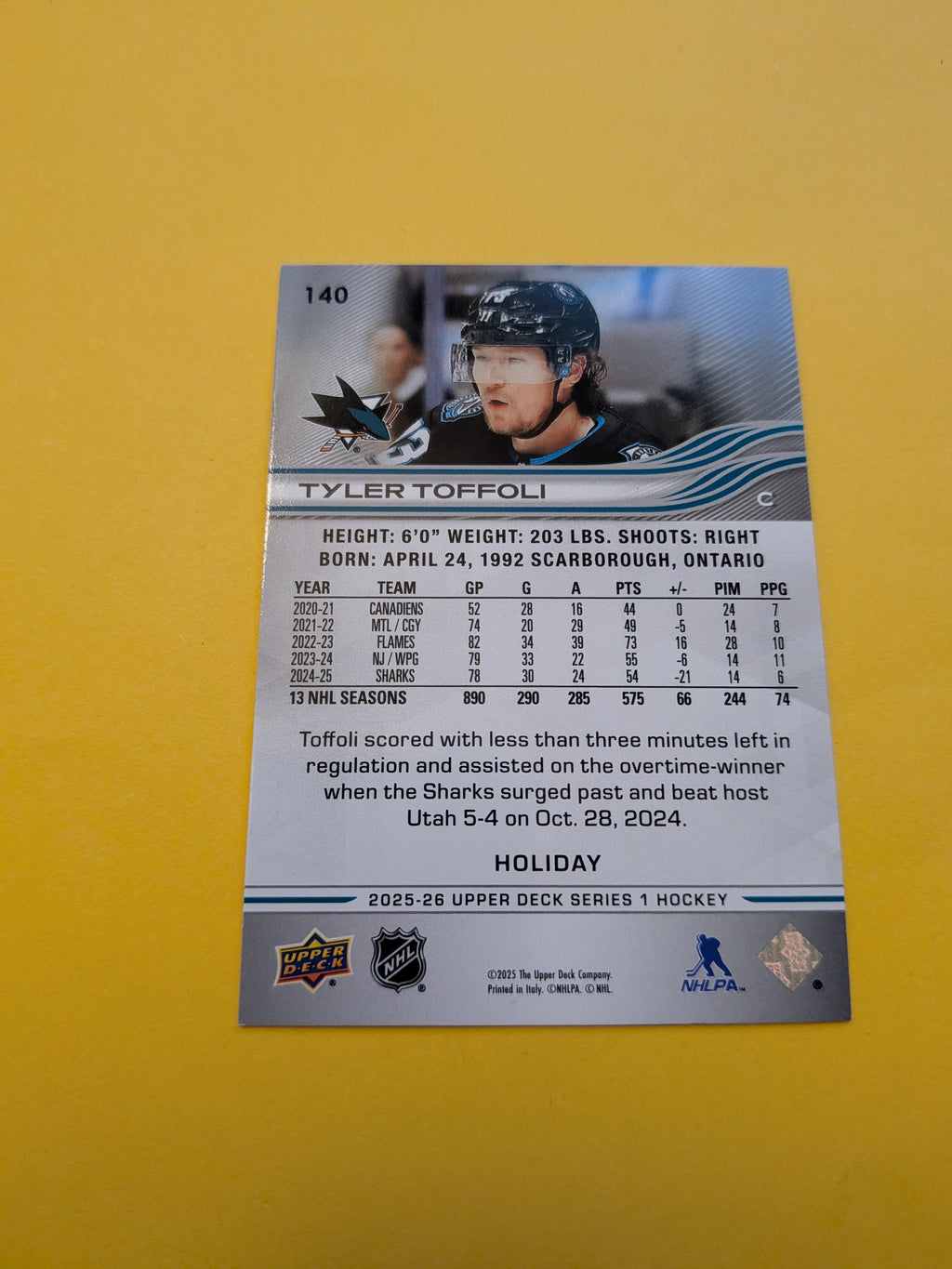 Tyler Toffoli 25-26 Upper Deck Green Holiday Card