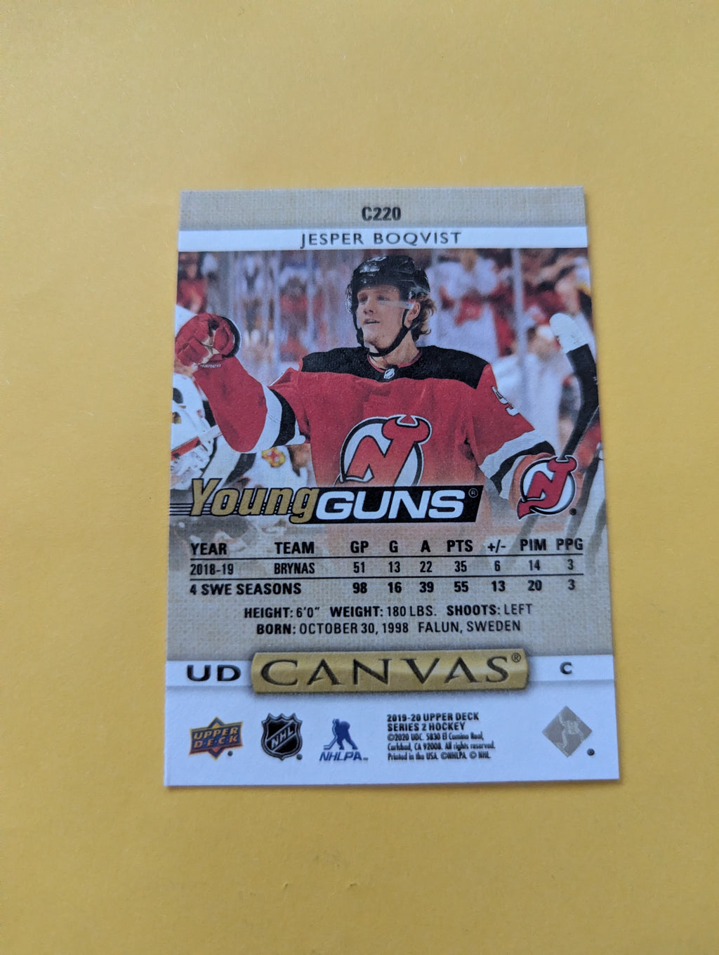 Jesper Boqvist 19-20 Upper Deck Young Guns Canvas Rookie Card