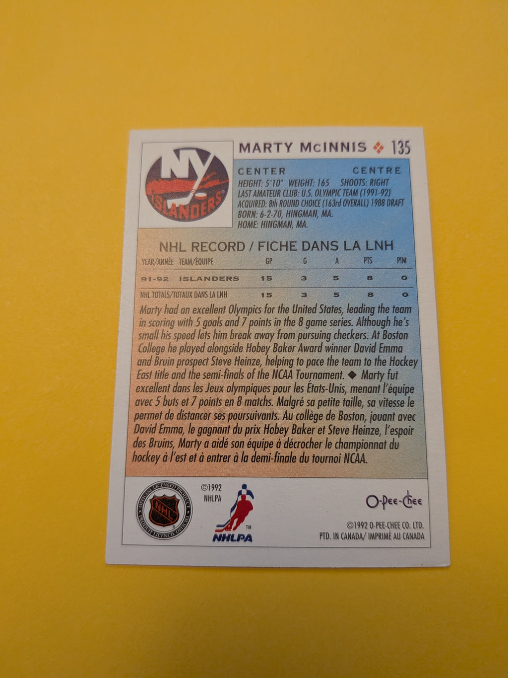 Marty McInnis Signed New York Islanders Card A