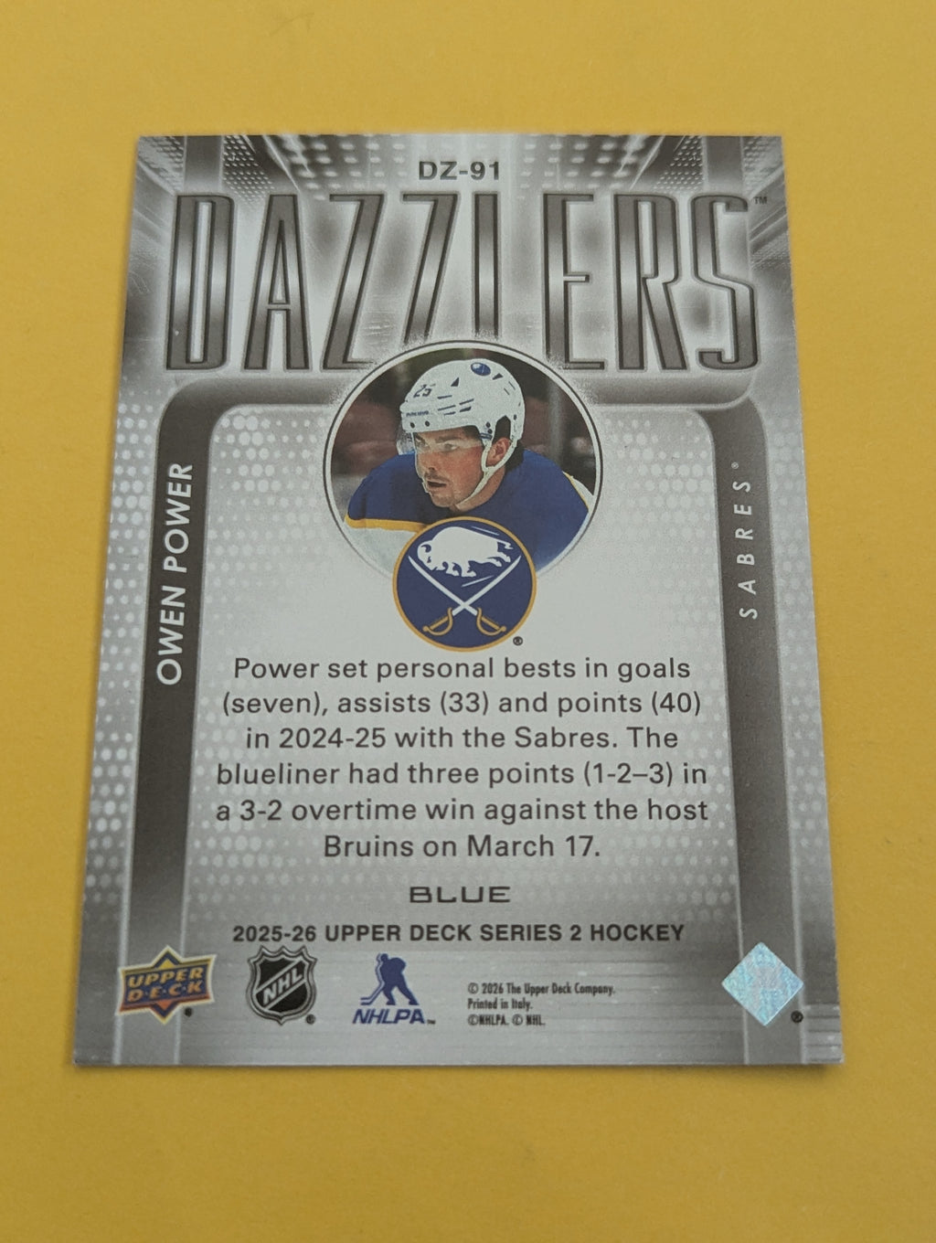 Owen Power 25-26 Upper Deck Dazzlers Blue Card