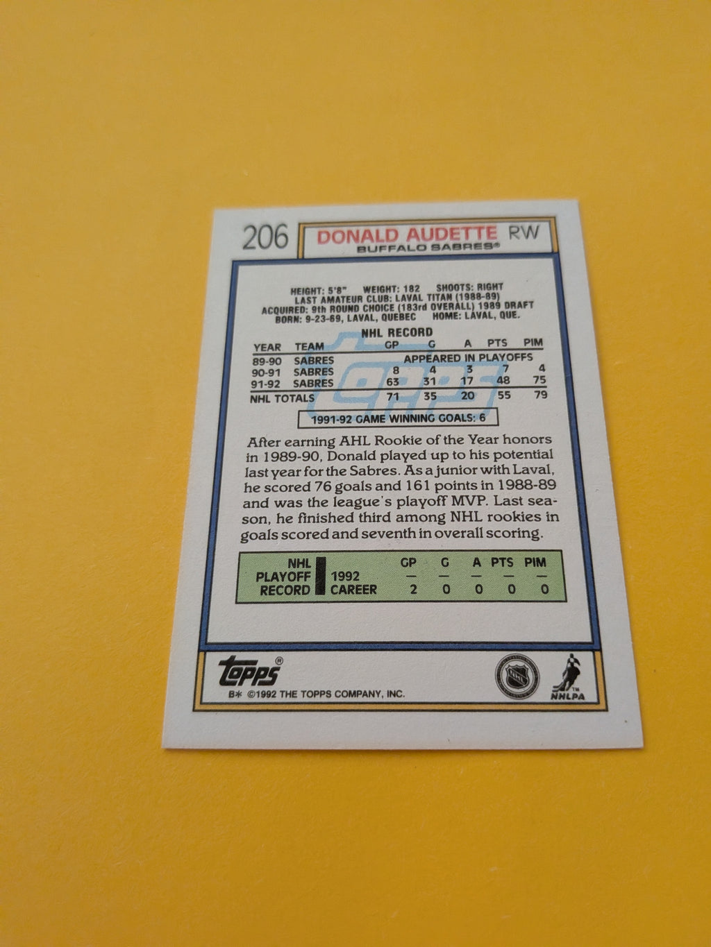 Donald Audette Signed Buffalo Sabres Card F