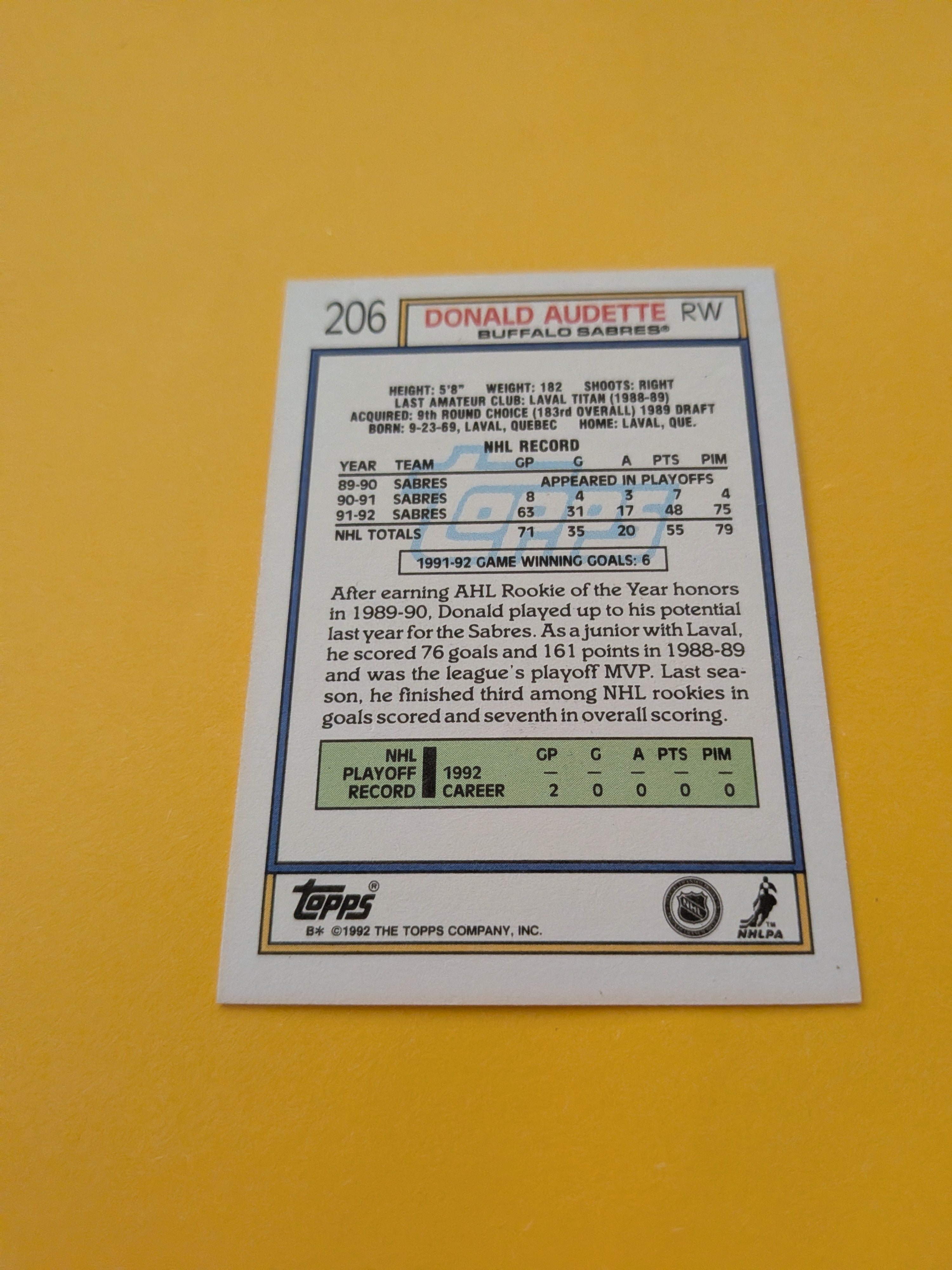 Donald Audette Signed Buffalo Sabres Card F