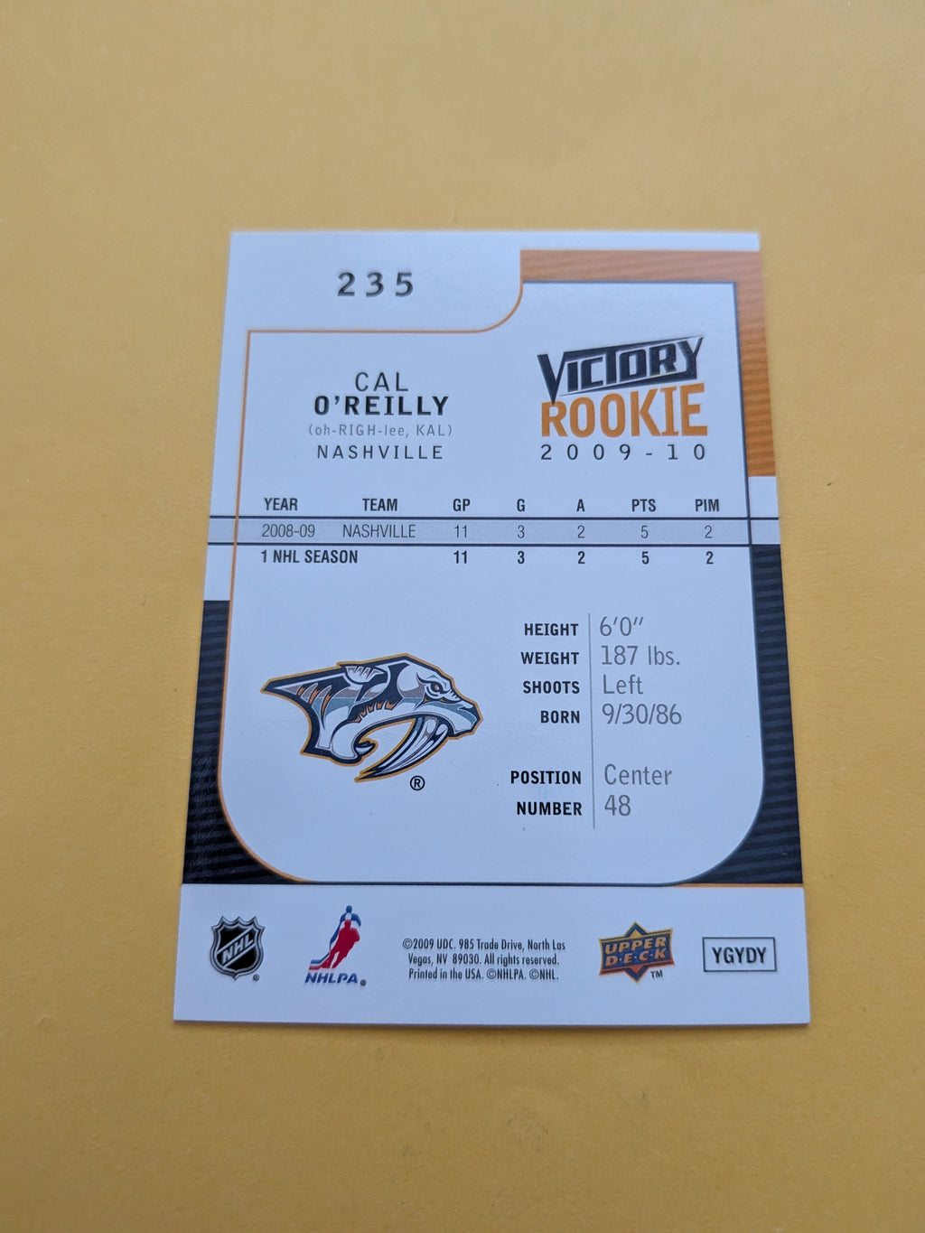 Cal O'Reilly Signed Nashville Predators Rookie Card B