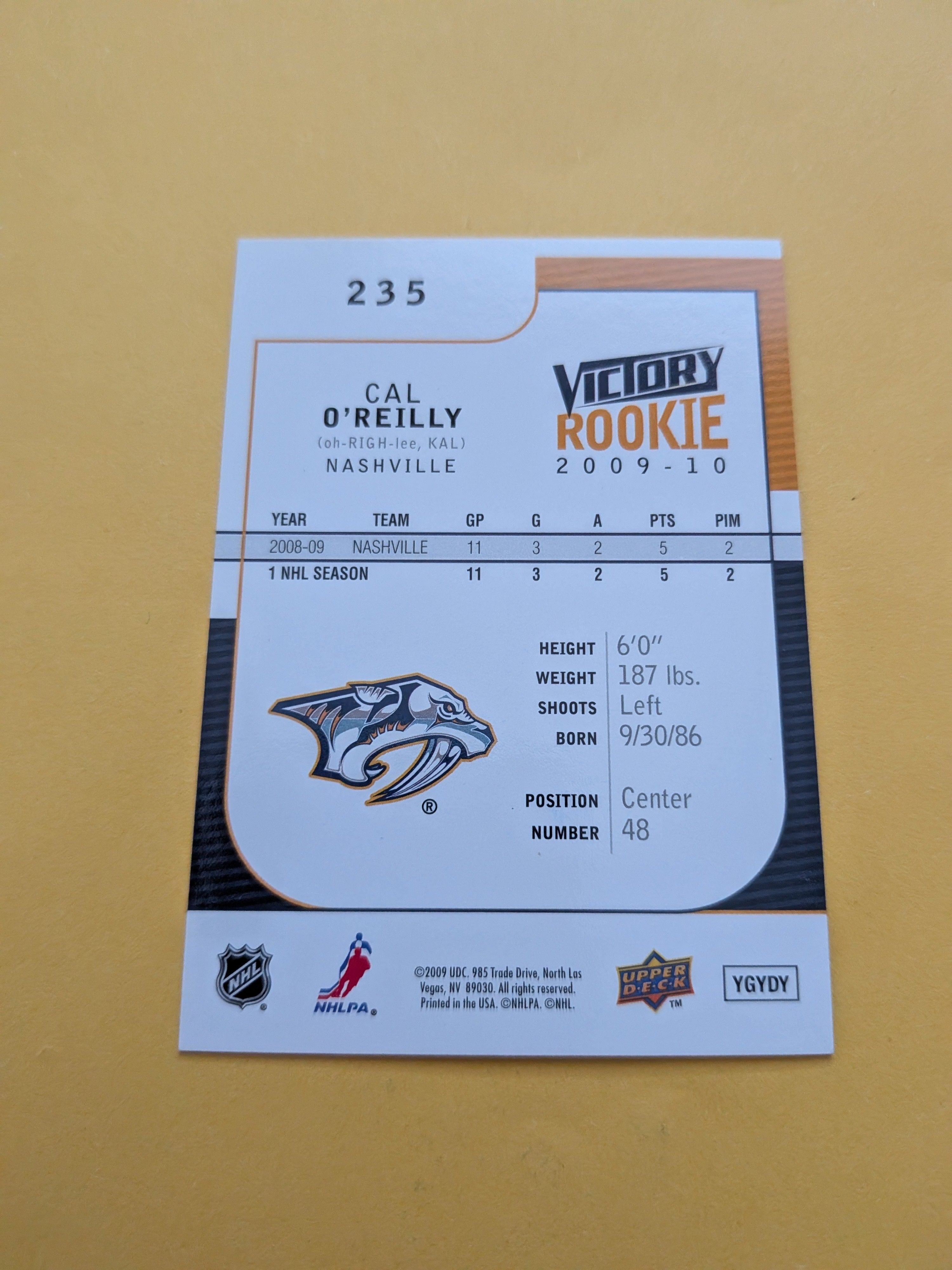 Cal O'Reilly Signed Nashville Predators Rookie Card B