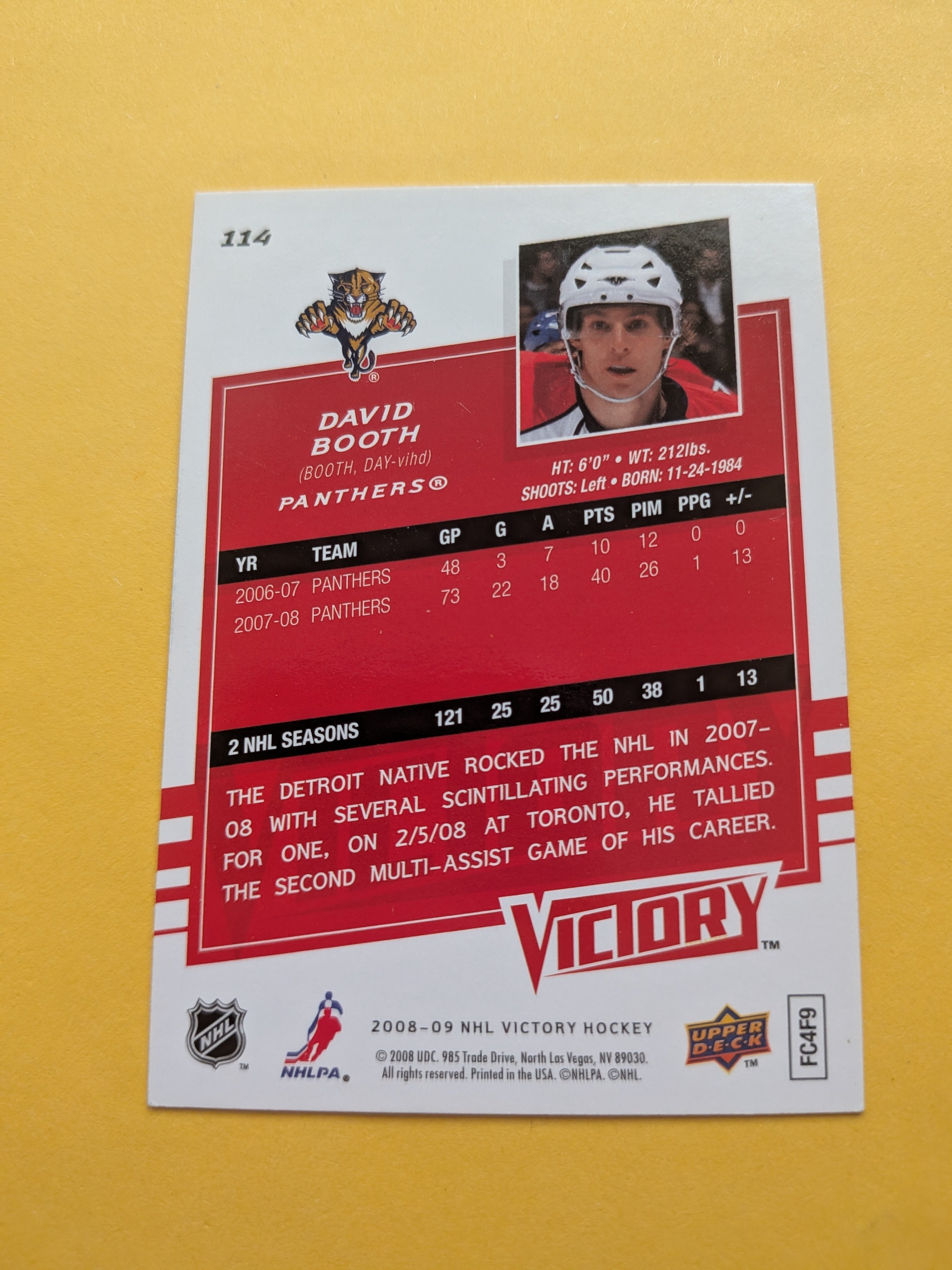 David Booth Signed Florida Panthers Card B