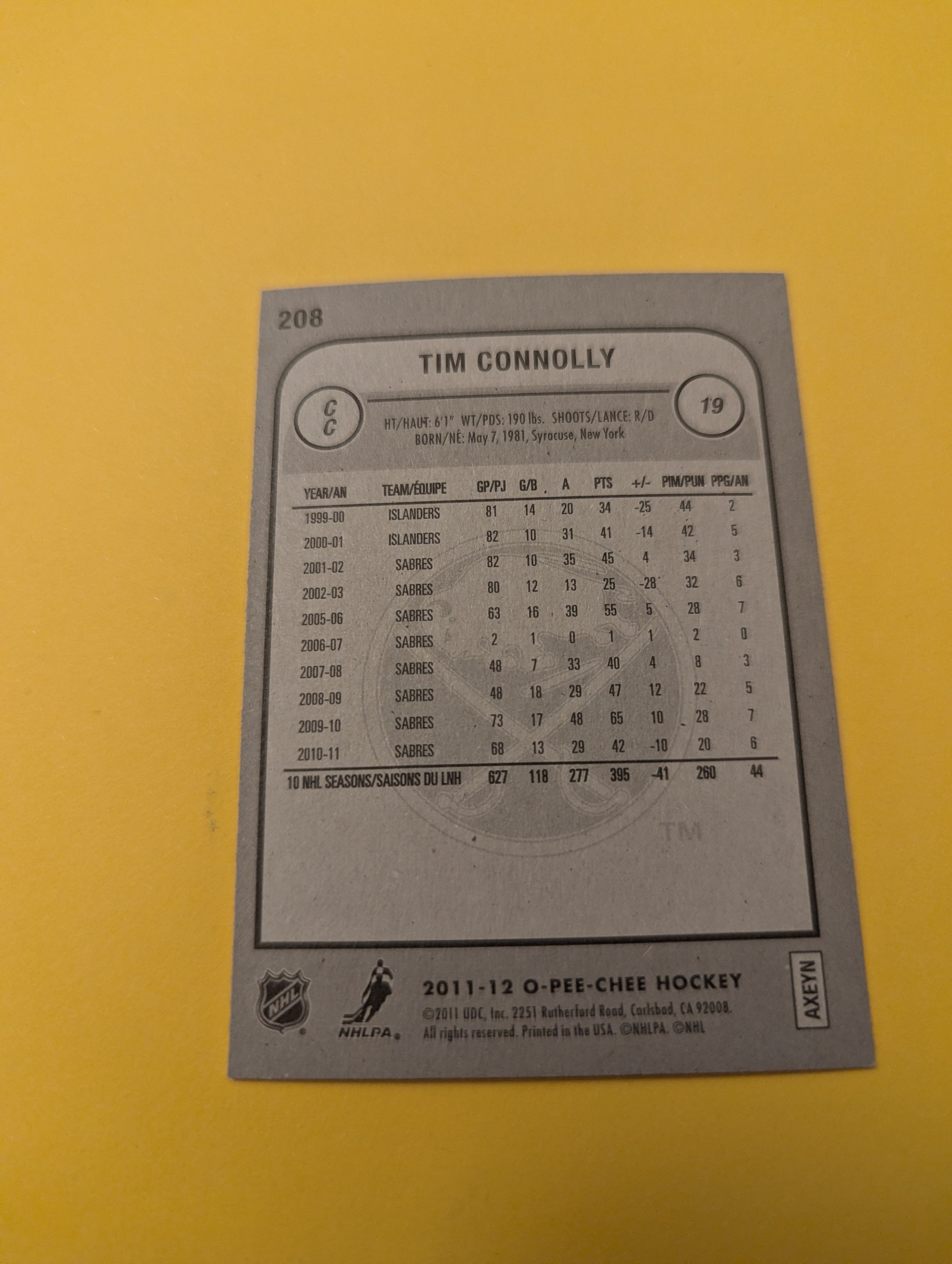 Tim Connolly Signed Buffalo Sabres Card
