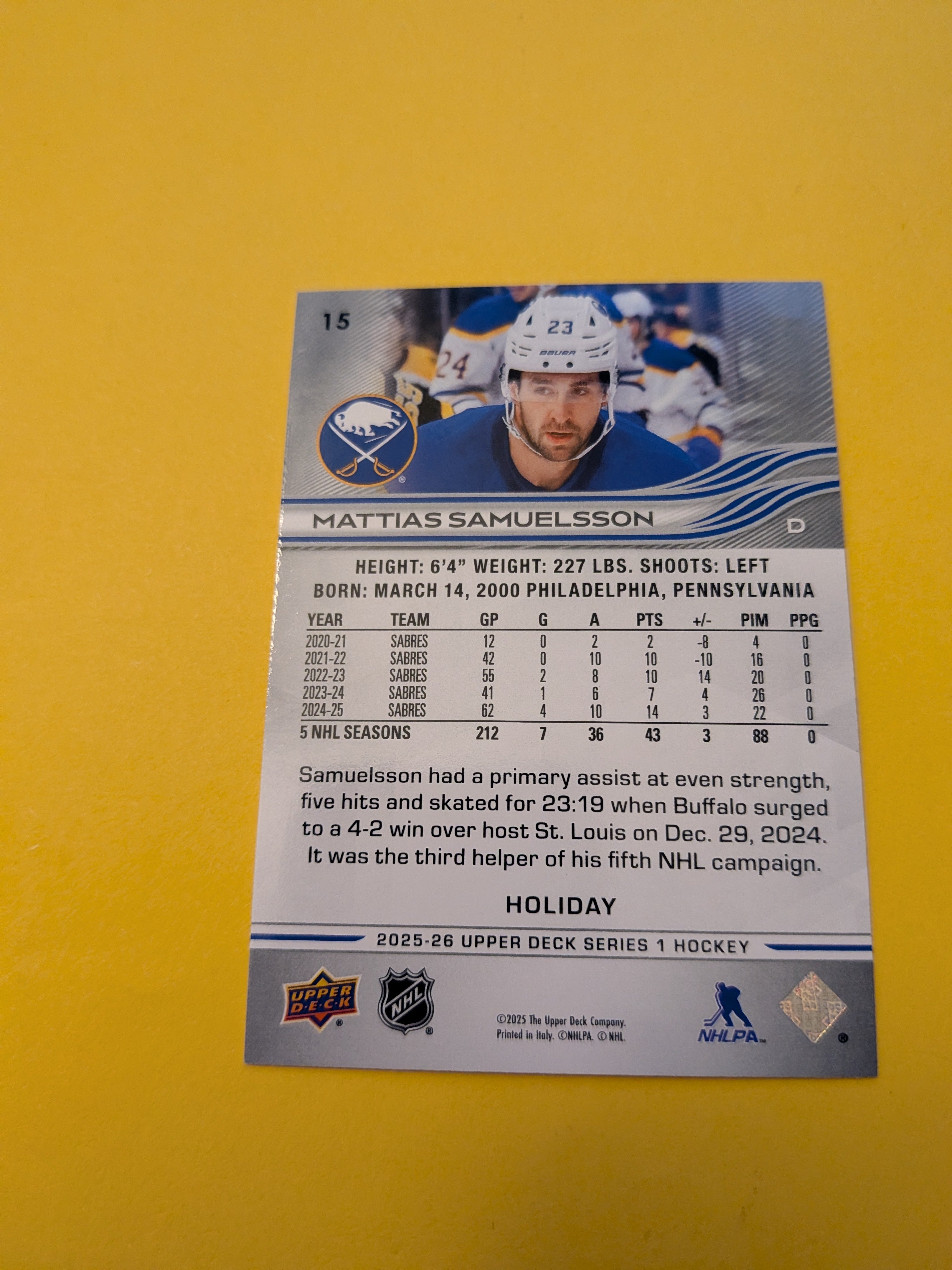 Mattias Samuelsson 25-26 Upper Deck Green Holiday Card
