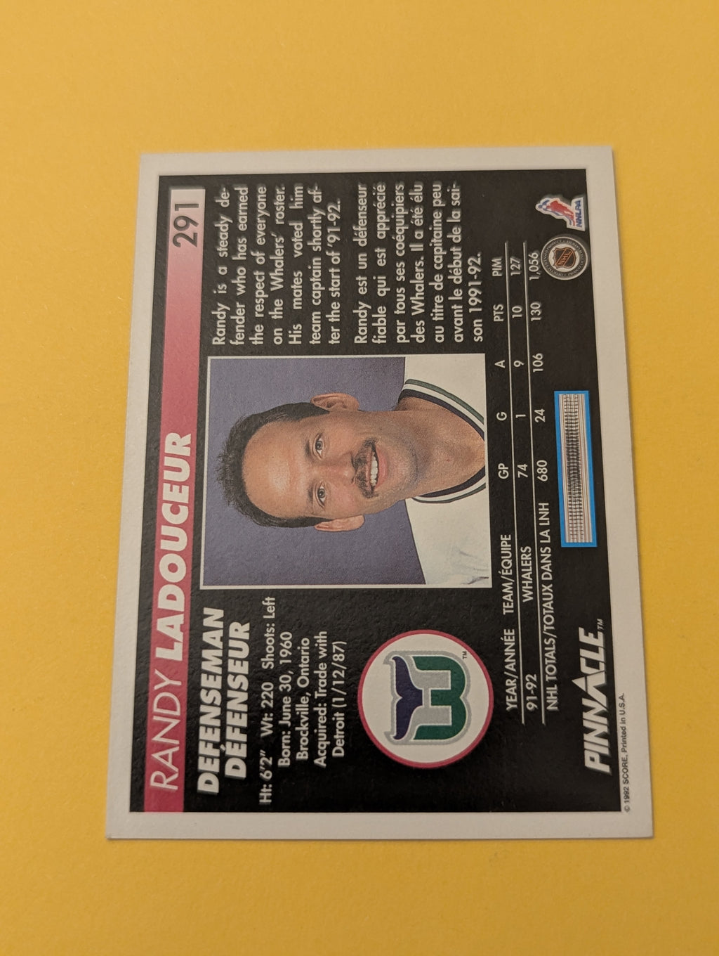 Randy Ladouceur Signed Hartford Whalers Card