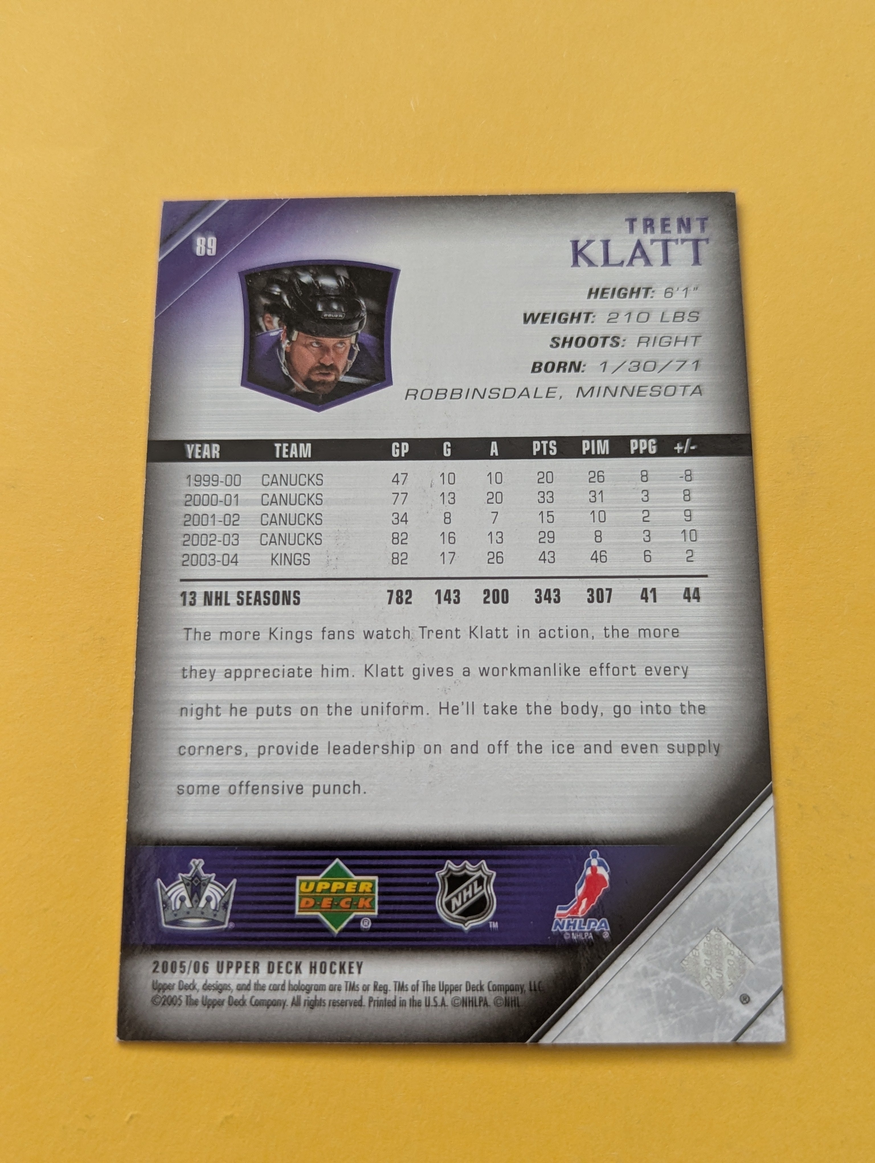 Trent Klatt Signed Los Angeles Kings Card