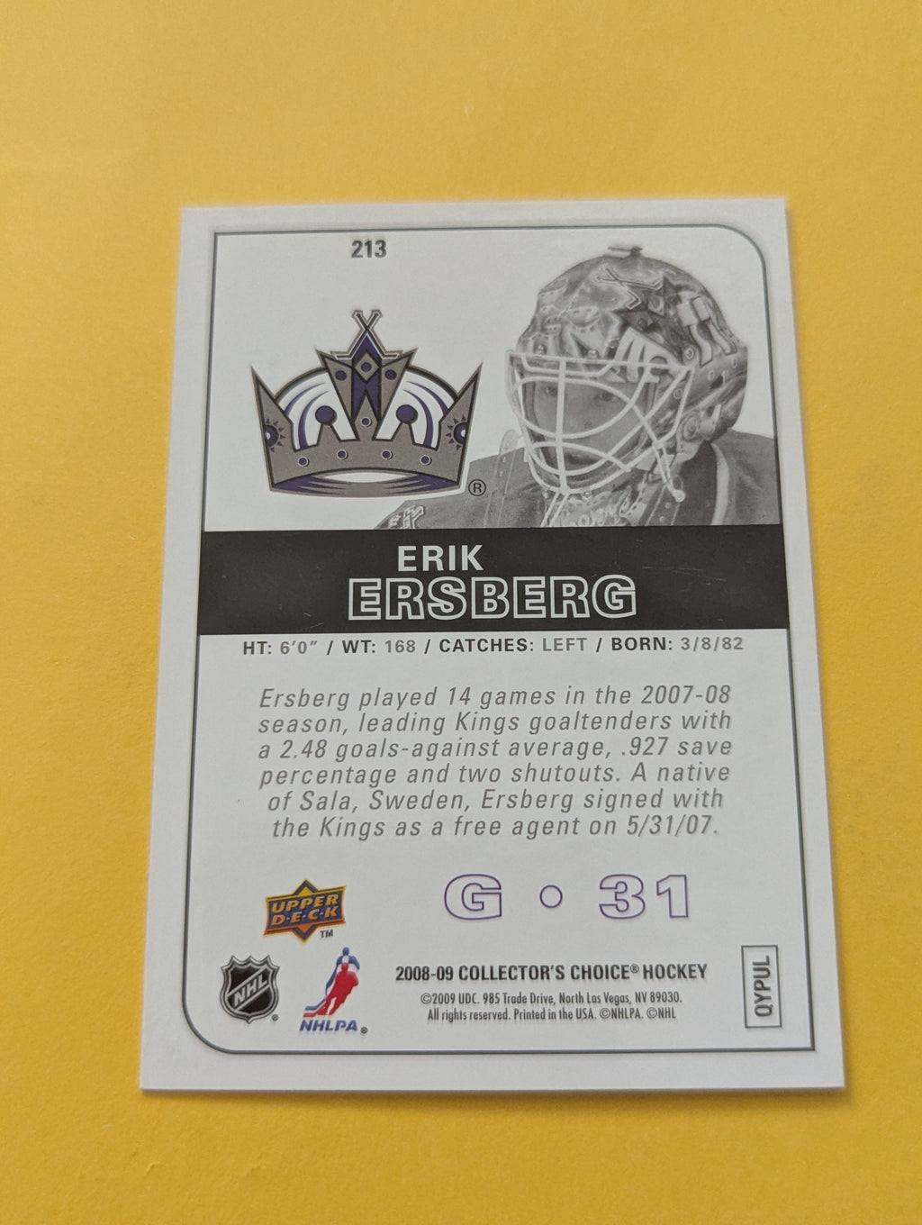 Erik Ersberg Signed Los Angeles Kings Rookie Card