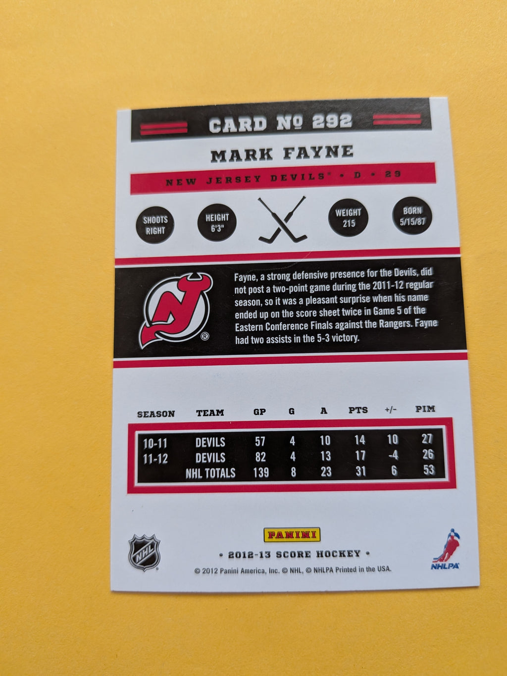 Mark Fayne Signed New Jersey Devils Card A