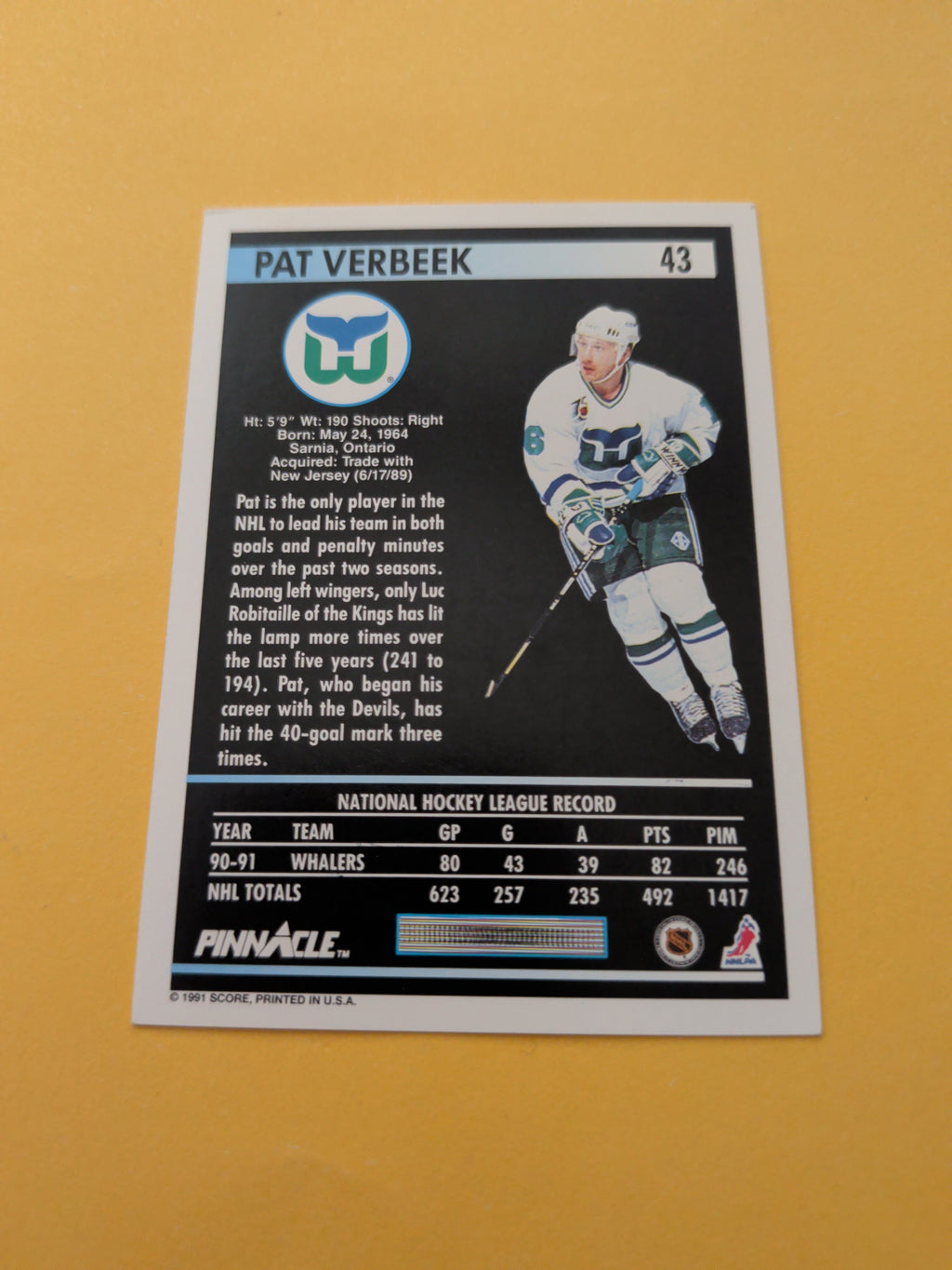 Pat Verbeek Signed Hartford Whalers Card B