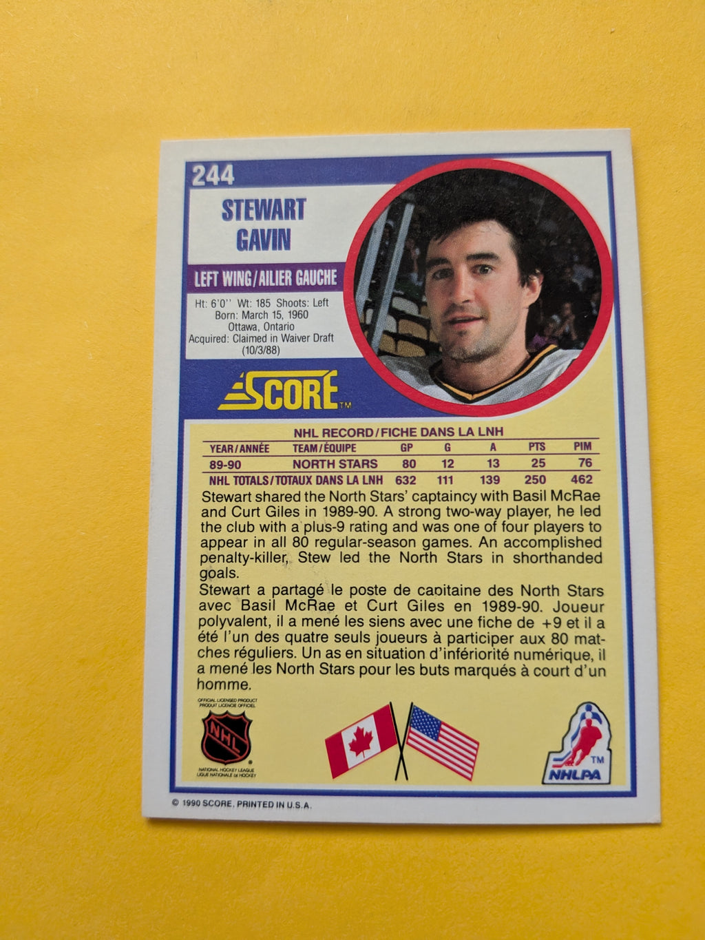 Stewart Gavin Signed Minnesota North Stars Card G