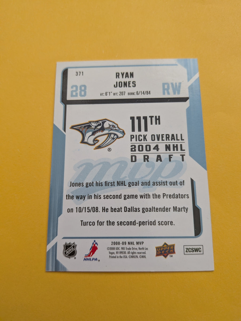 Ryan Jones Signed Nashville Predators Rookie Card A