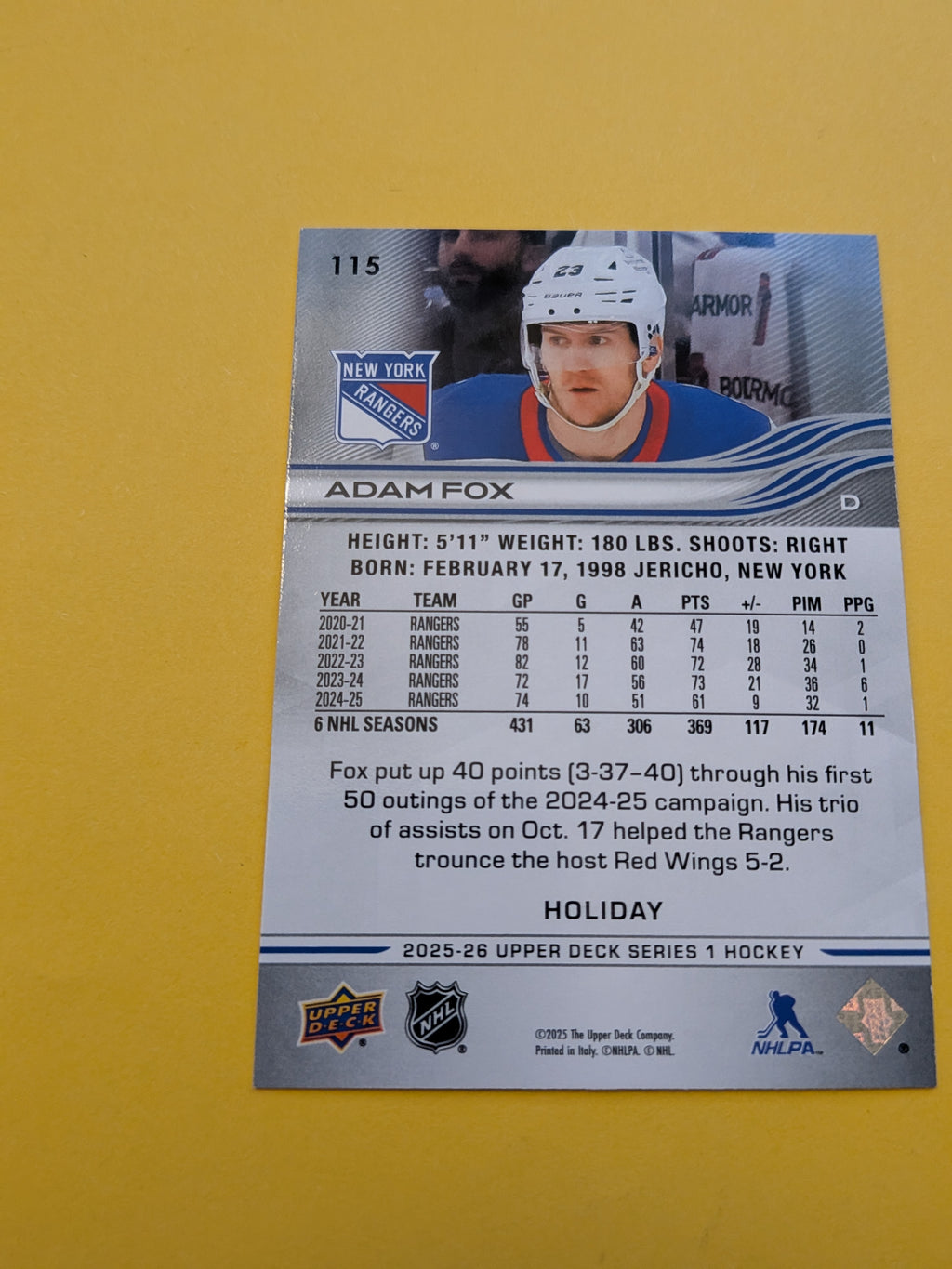 Adam Fox 25-26 Upper Deck Green Holiday Card