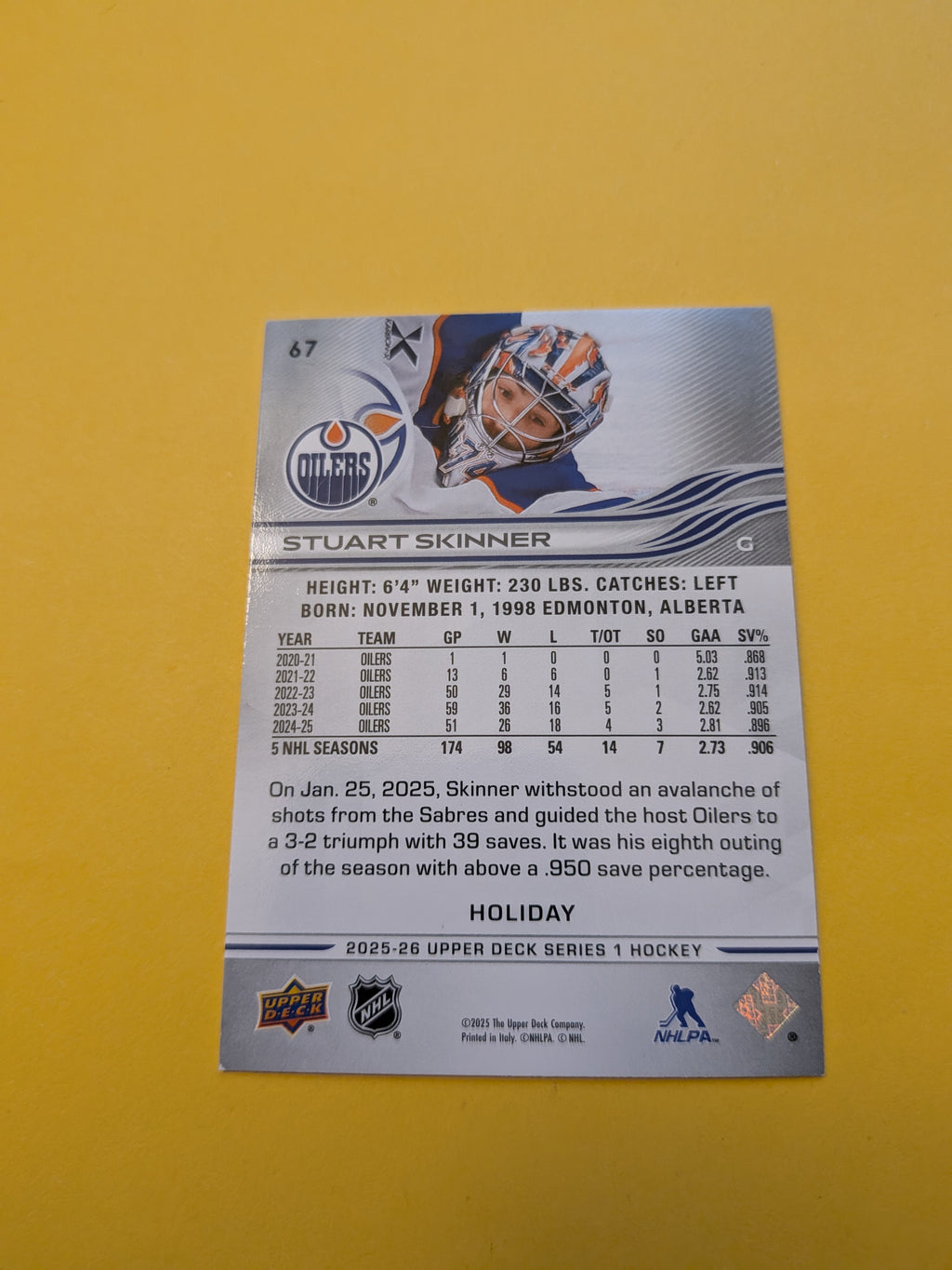 Stuart Skinner 25-26 Upper Deck Green Holiday Card