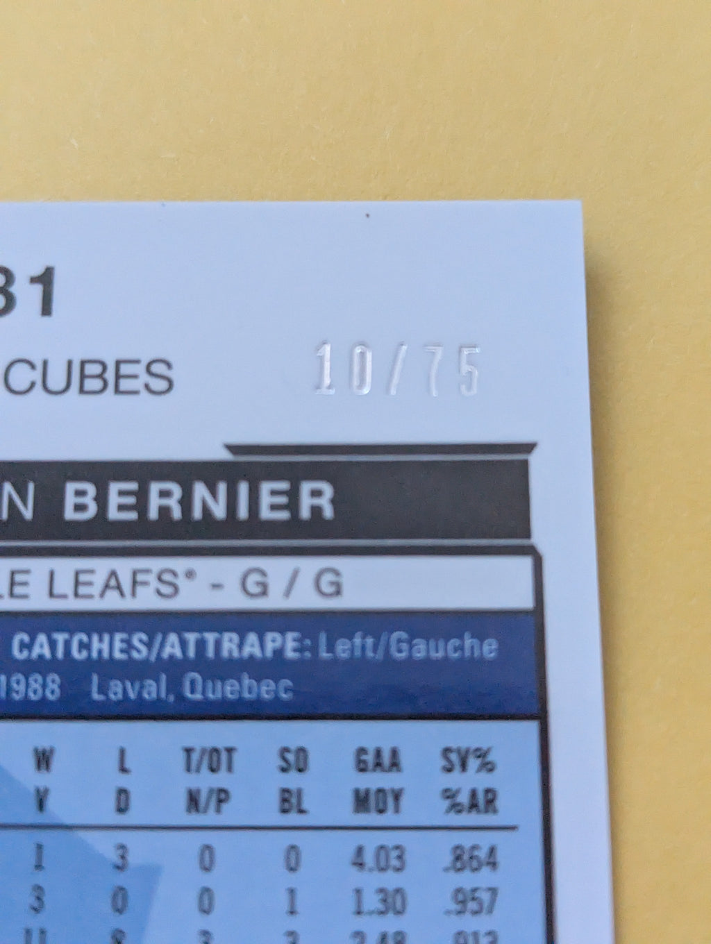 Jonathan Bernier 15-16 OPC Platinum Blue Cubes Parallel Card 10/75