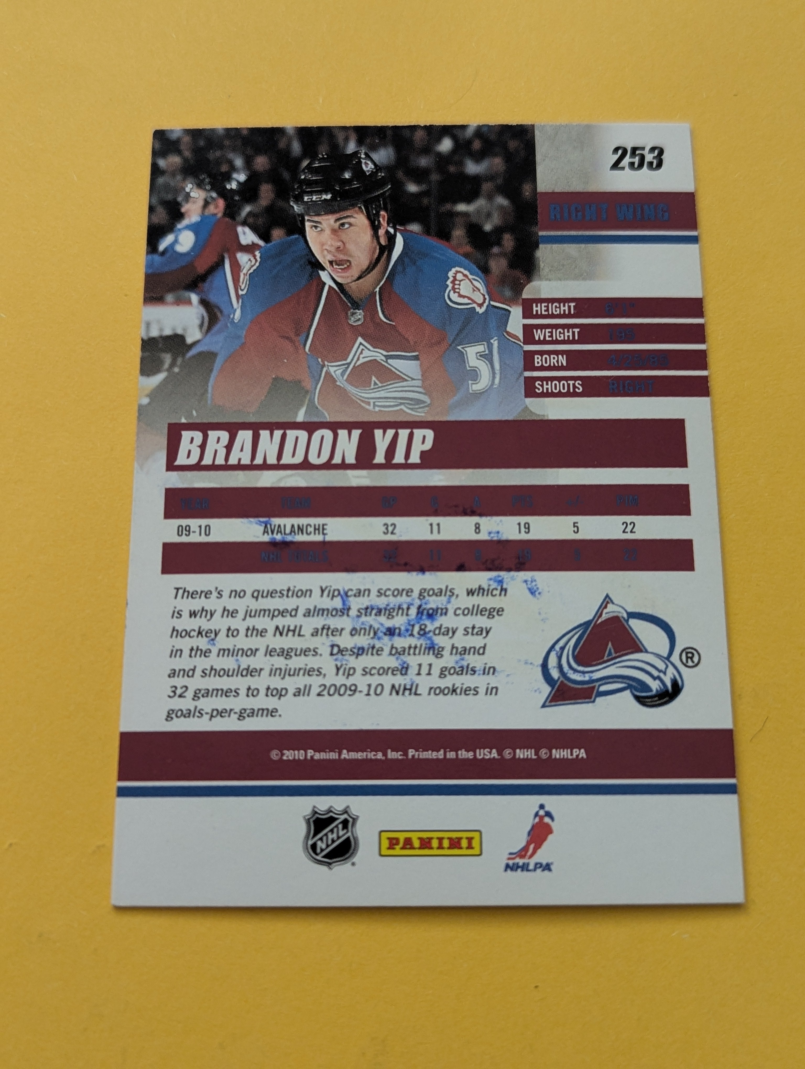 Brandon Yip Signed Colorado Avalanche Rookie Card