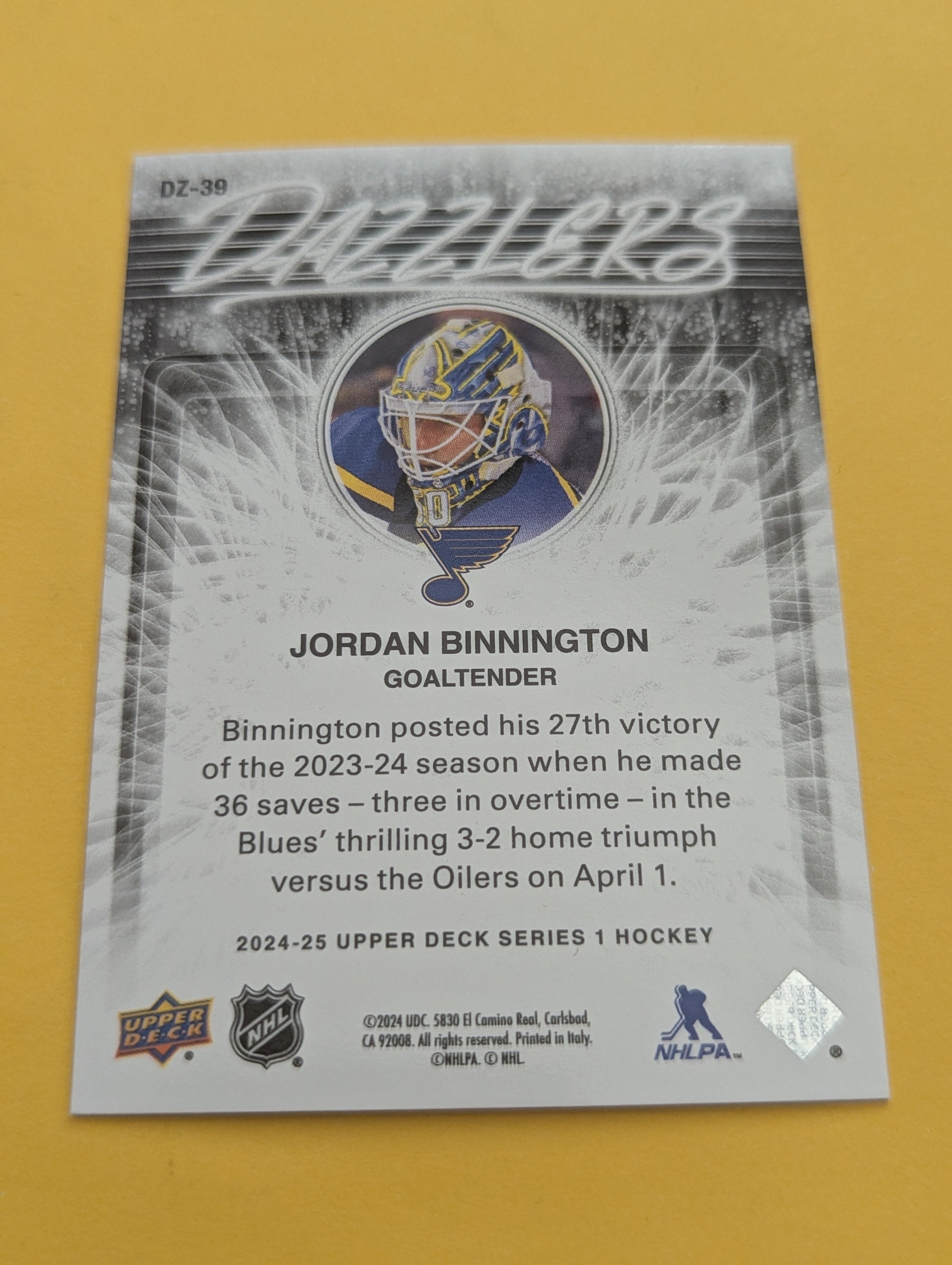 Jordan Binnington 24-25 Upper Deck Dazzlers Orange Card