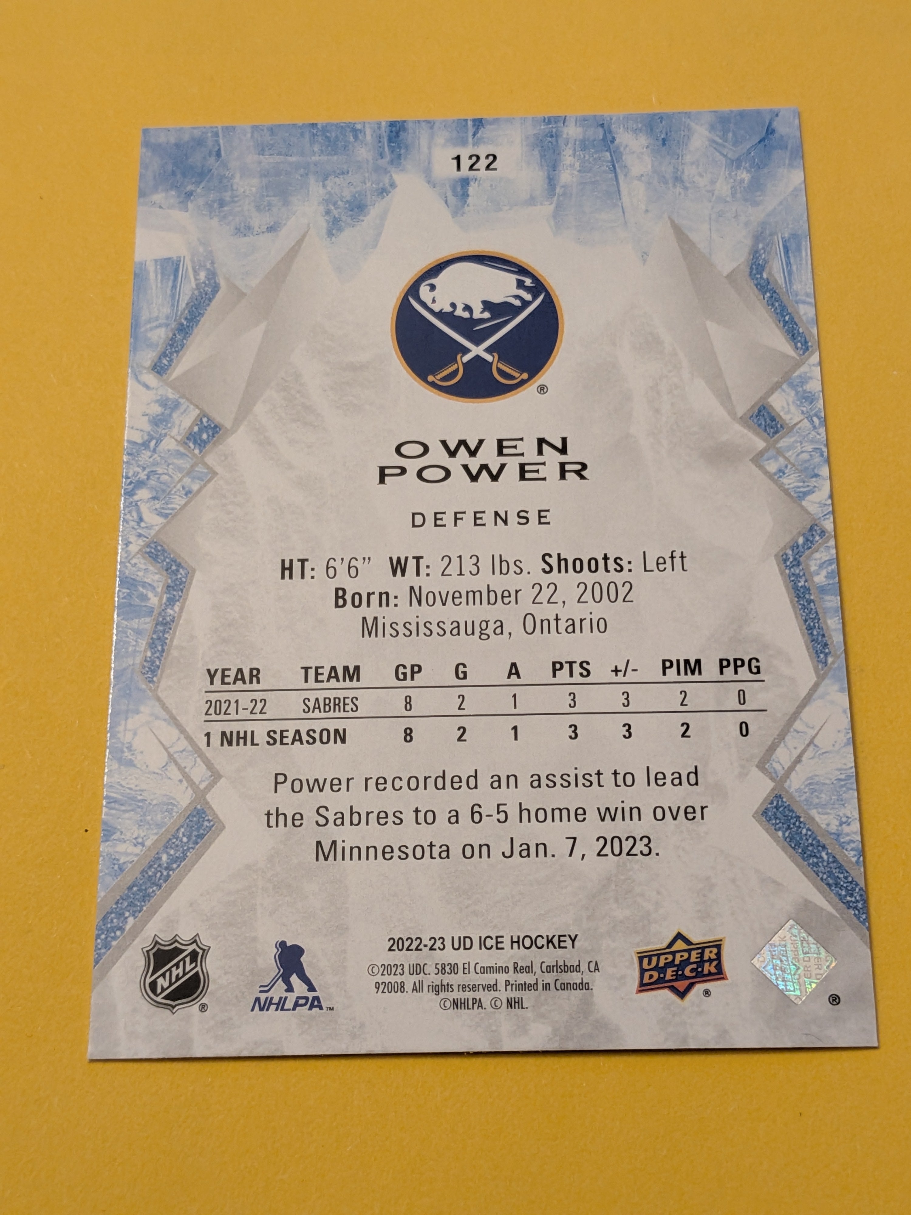 Owen Power 22-23 UD Ice Rookie Orange Card