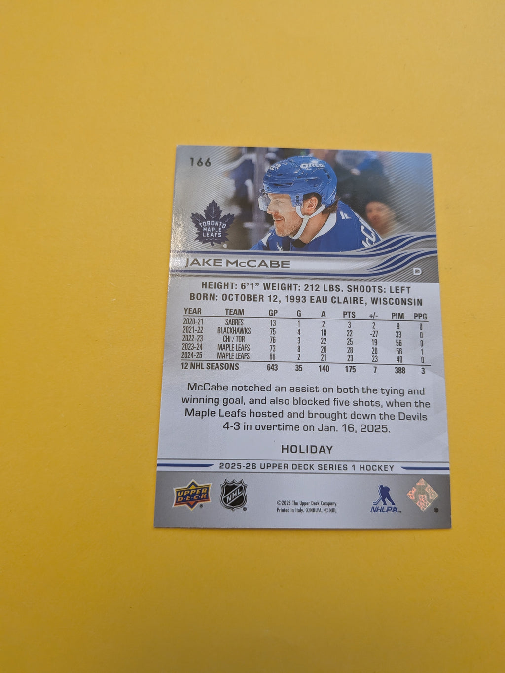 Jake McCabe 25-26 Upper Deck Green Holiday Card