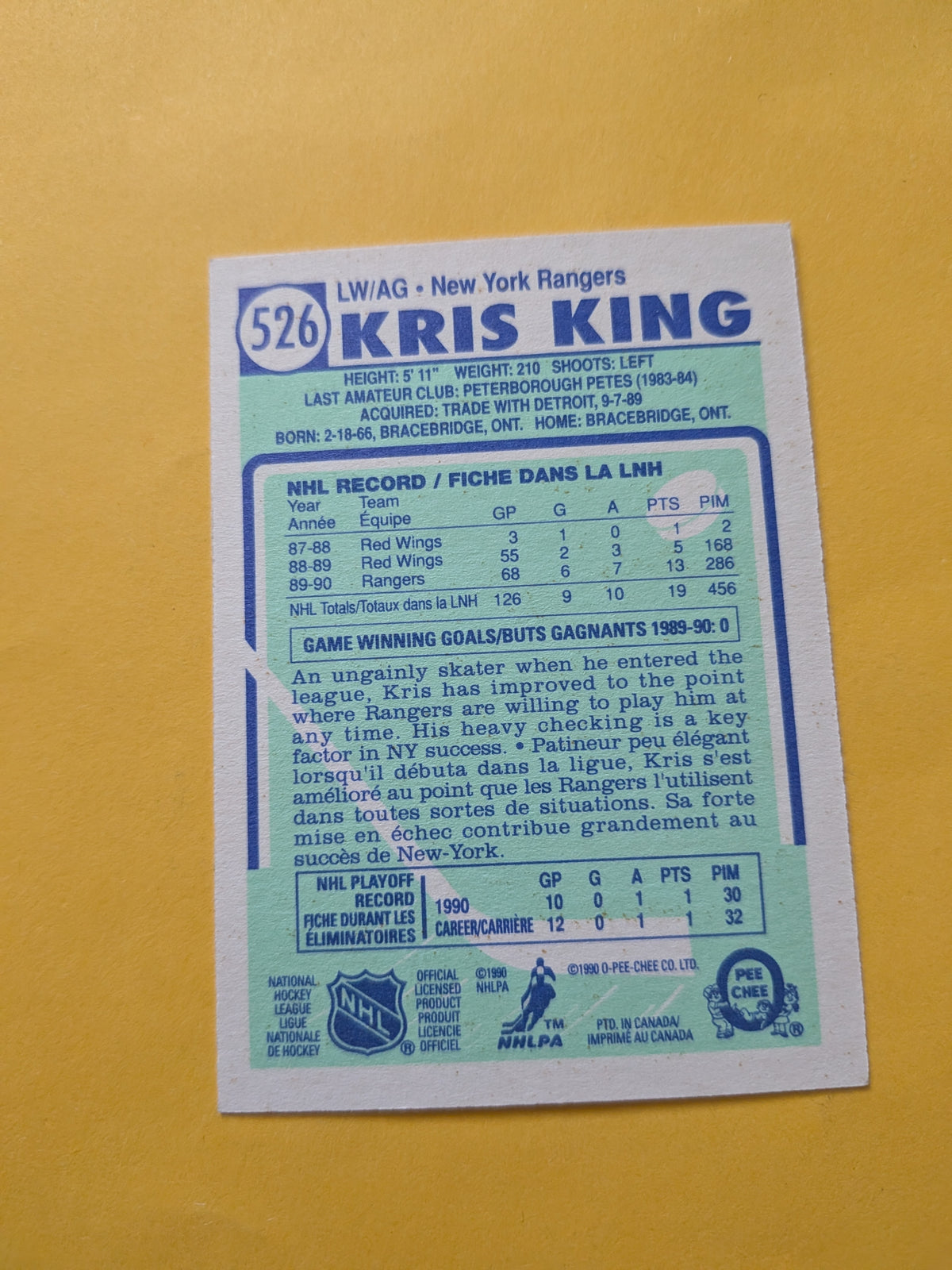 Kris King Signed New York Rangers Card B