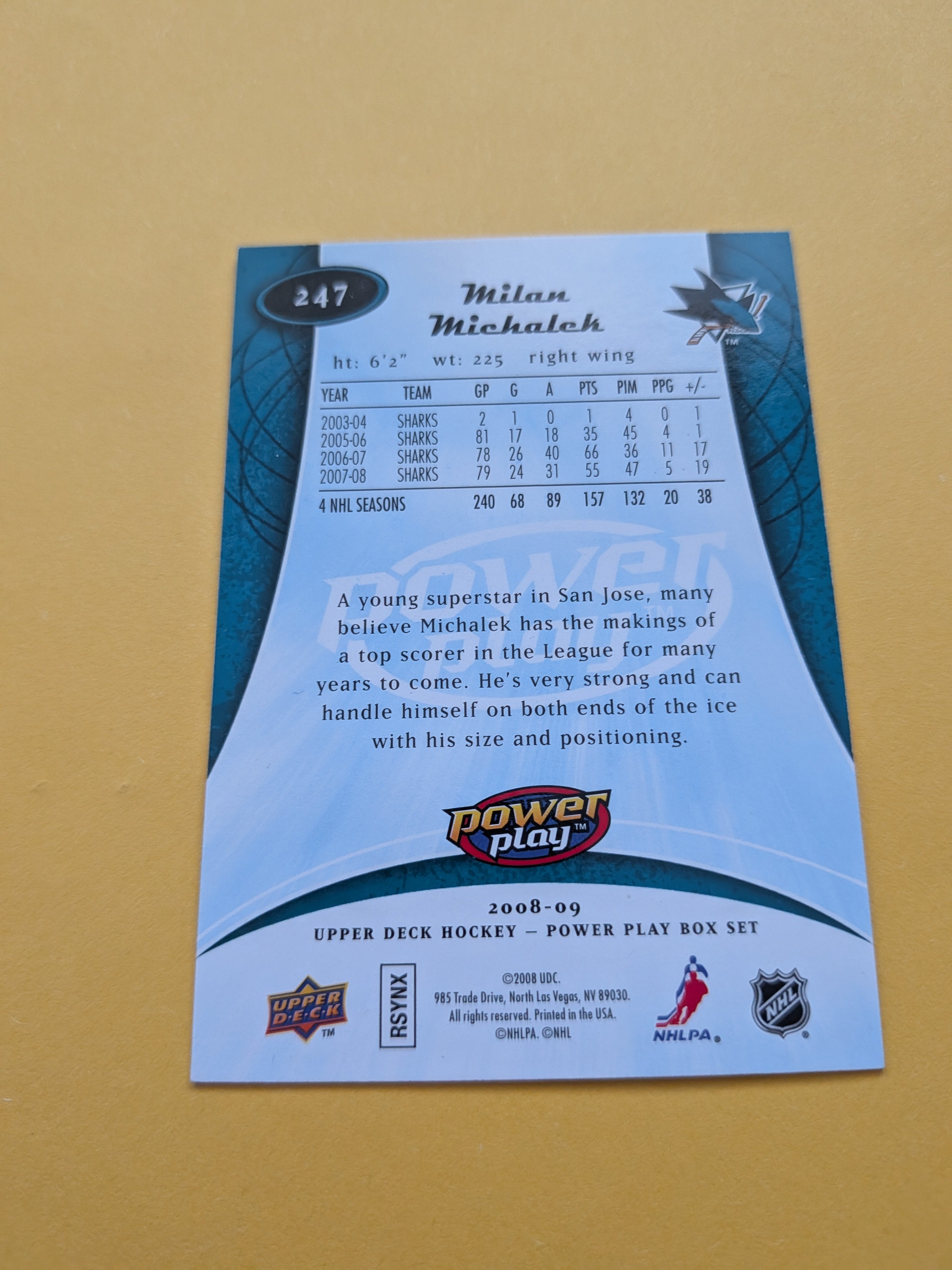 Milan Michalek Signed San Jose Sharks Card H
