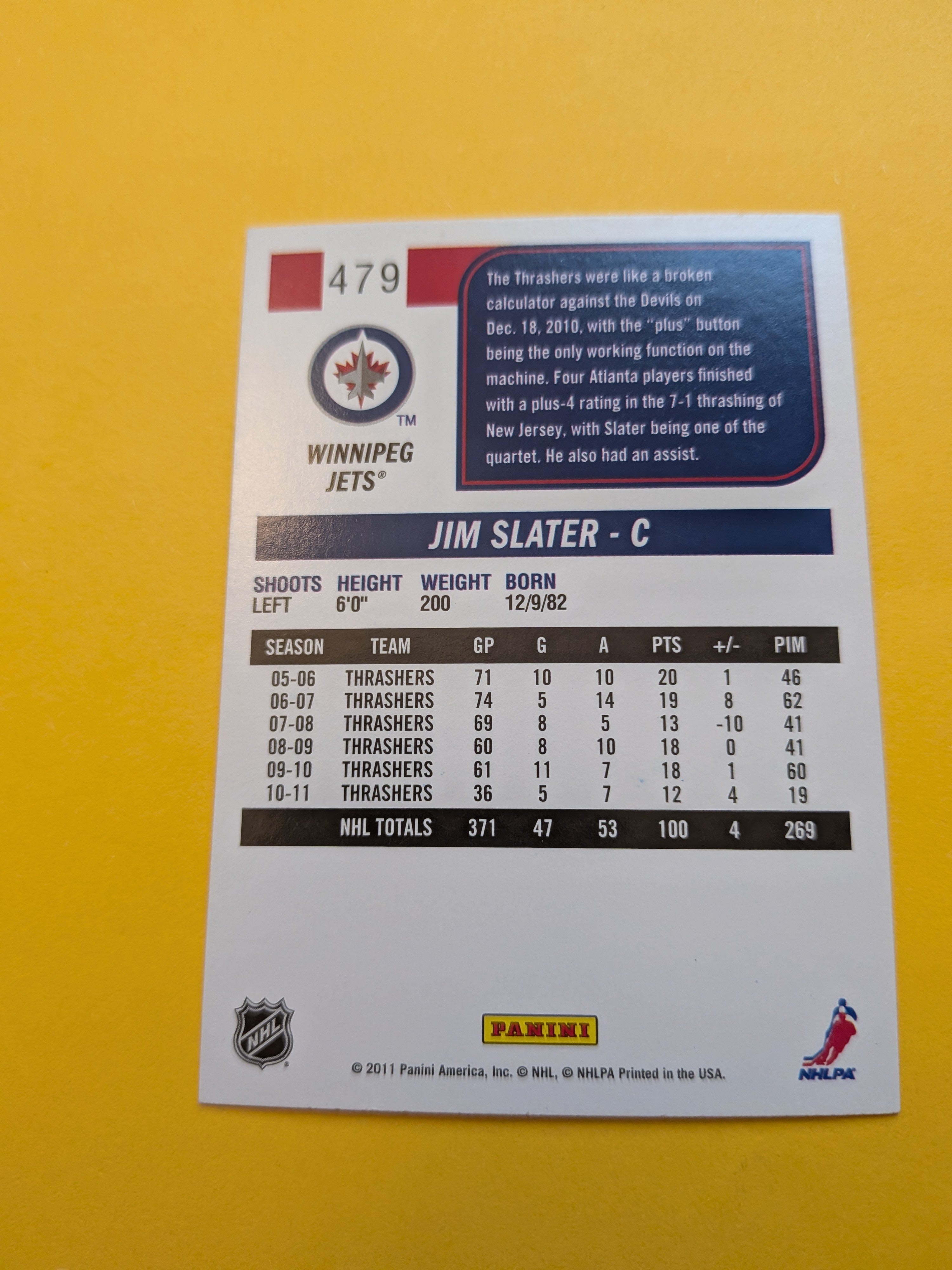Jim Slater Signed Winnipeg Jets Card A