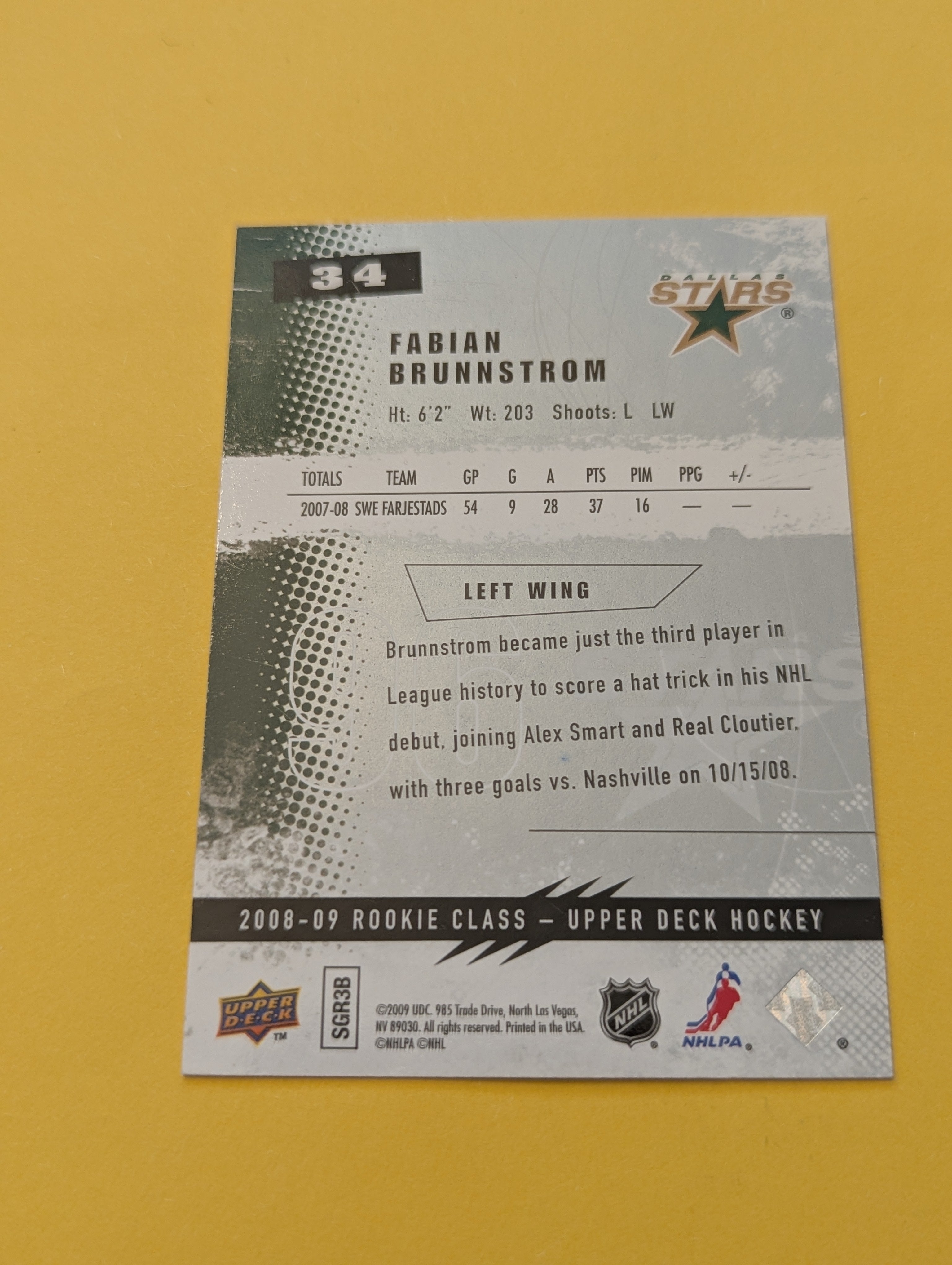 Fabian Brunnstrom Signed Dallas Stars Rookie Card