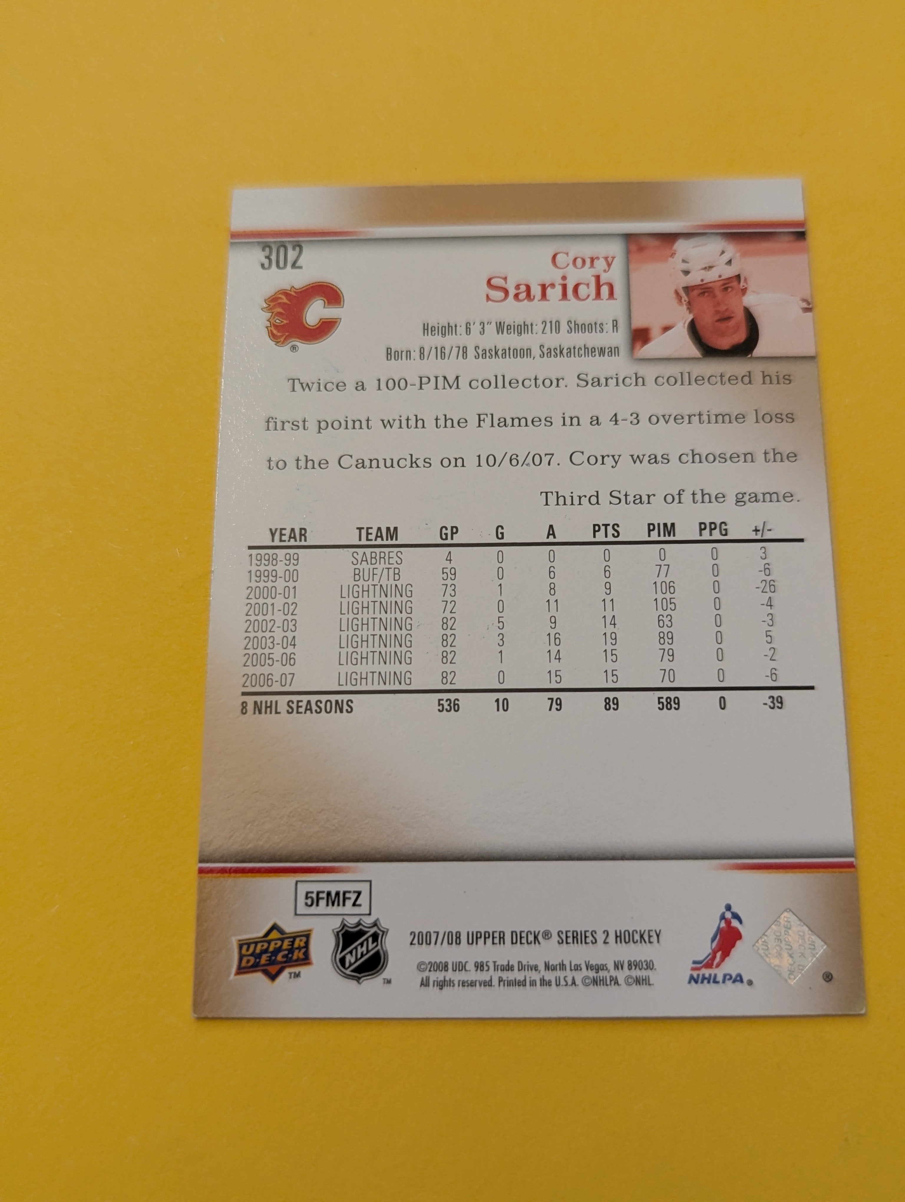 Cory Sarich Signed Calgary Flames Card