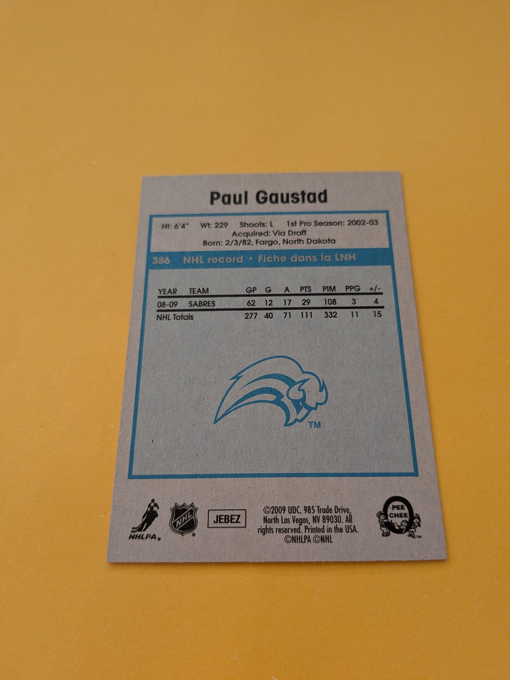 Paul Gaustad Signed Buffalo Sabres Card C