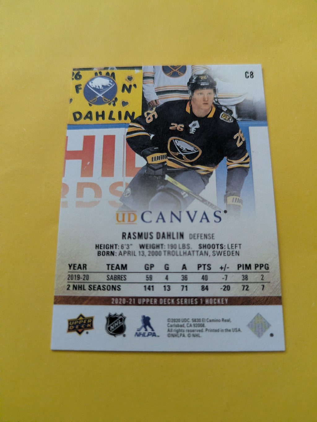 Rasmus Dahlin 20-21 Upper Deck UD Canvas Card