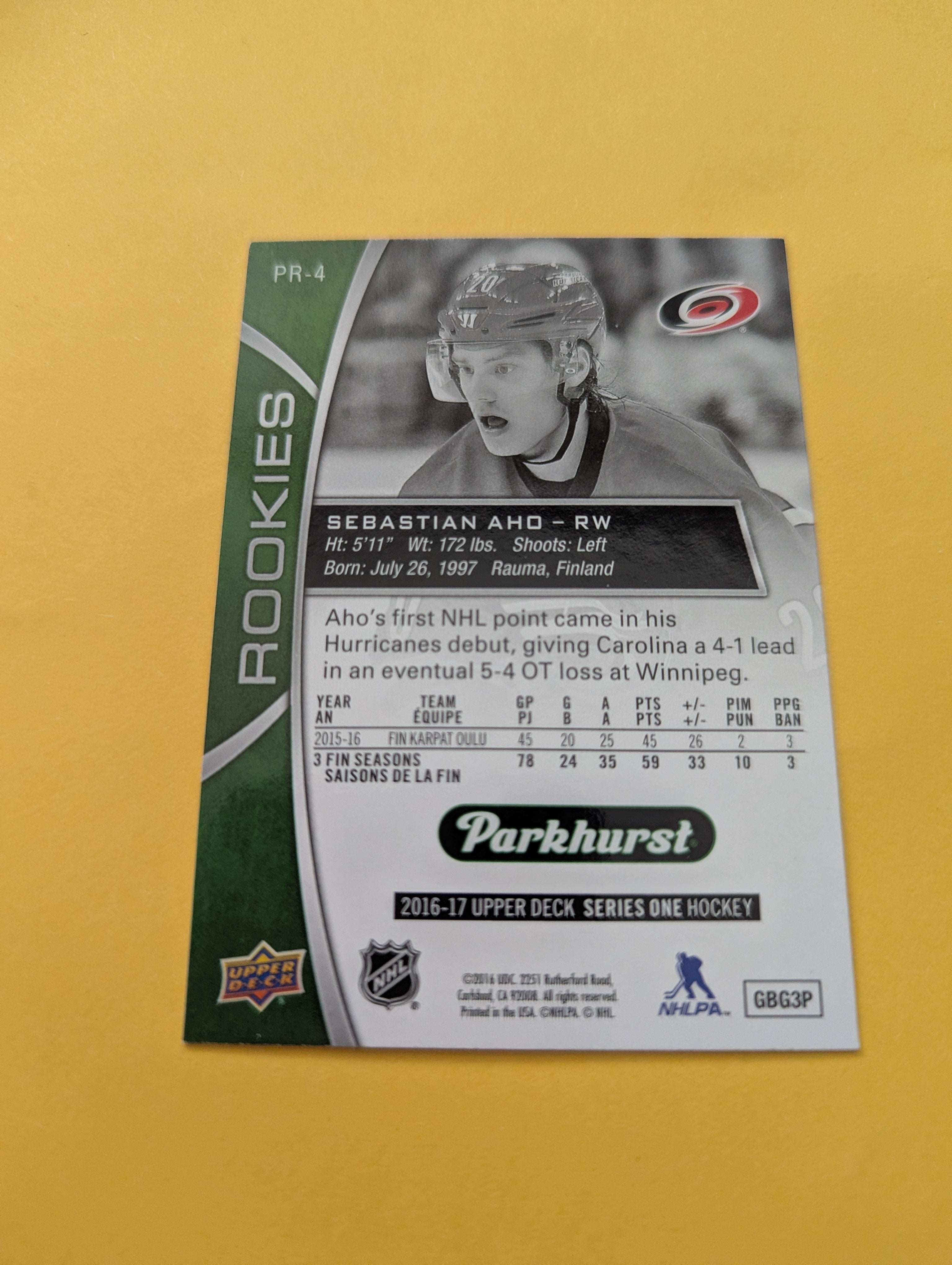 Sebastian Aho 16-17 Parkhurst Rookie Card