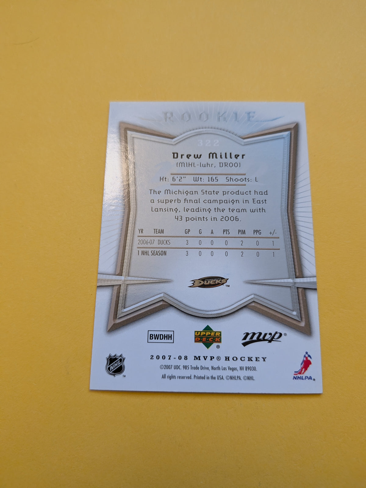 Drew Miller Signed Anaheim Ducks Rookie Card A