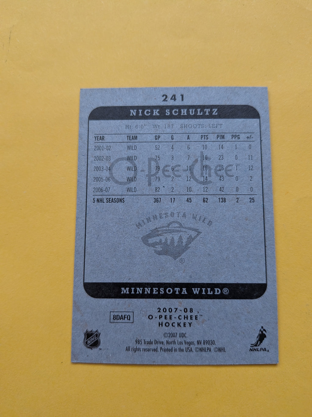 Nick Schultz Signed Minnesota Wild Card H