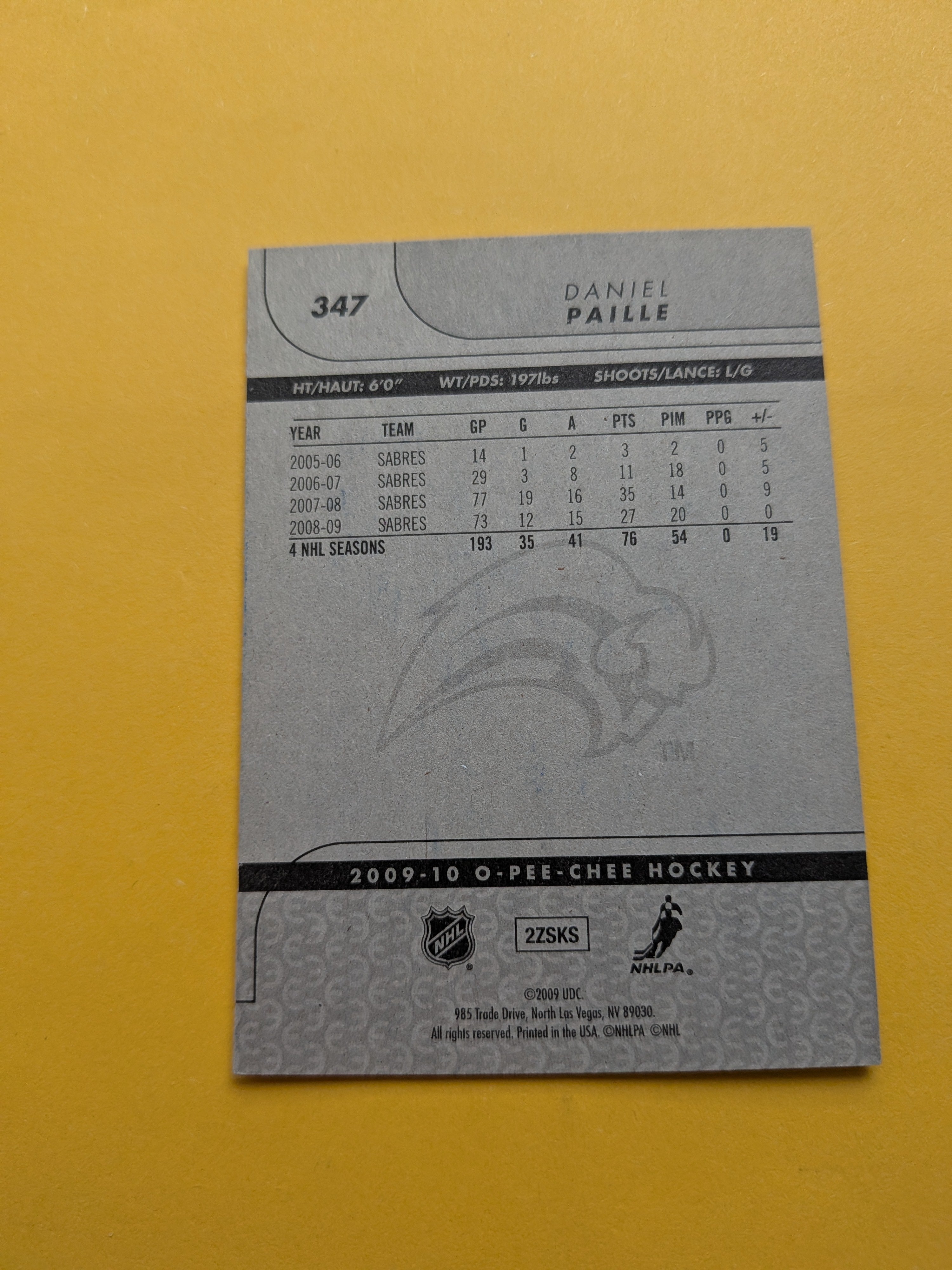 Daniel Paille Signed Buffalo Sabres Card A