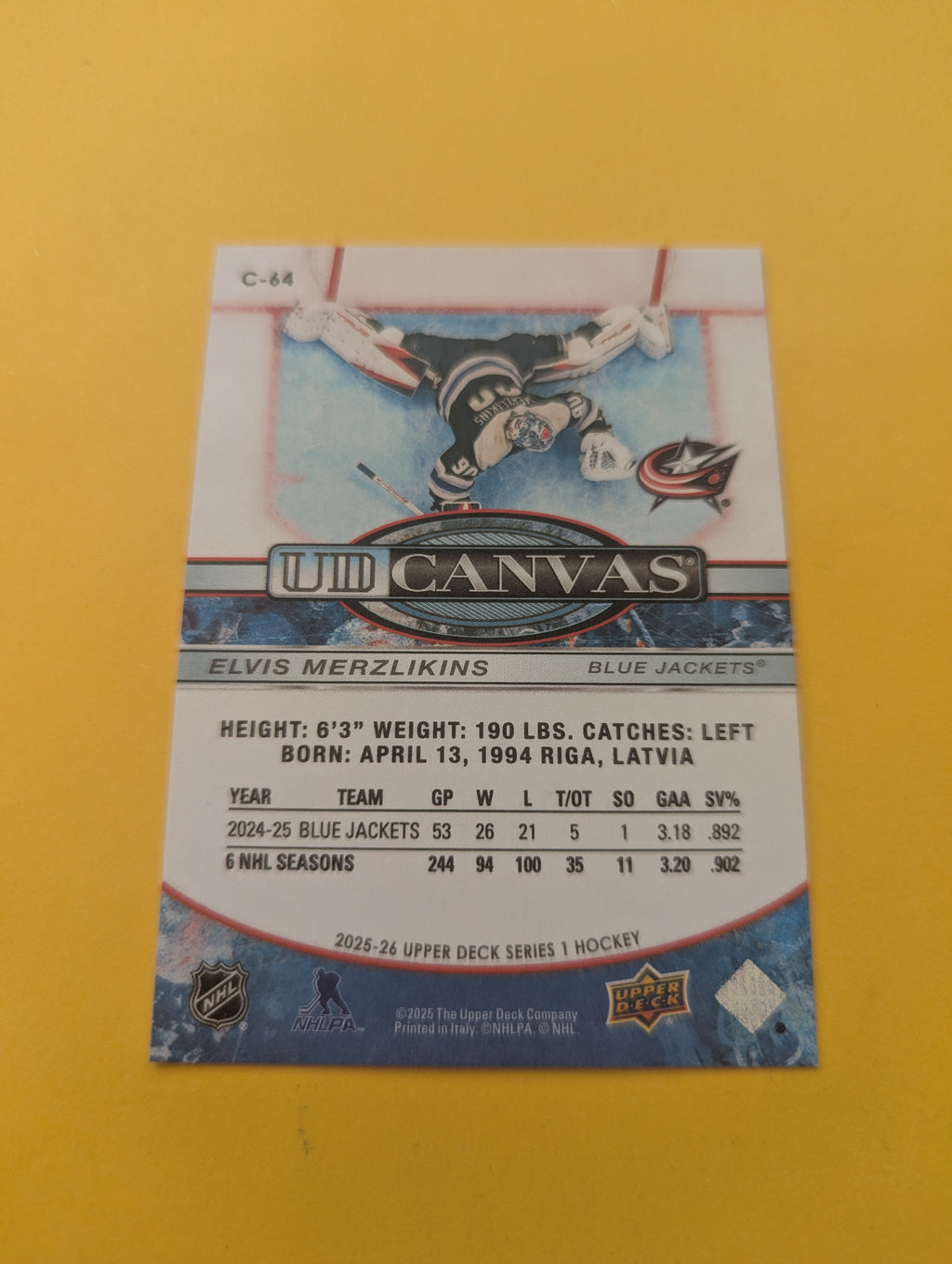 Elvis Merzlikins 25-26 Upper Deck UD Canvas Card