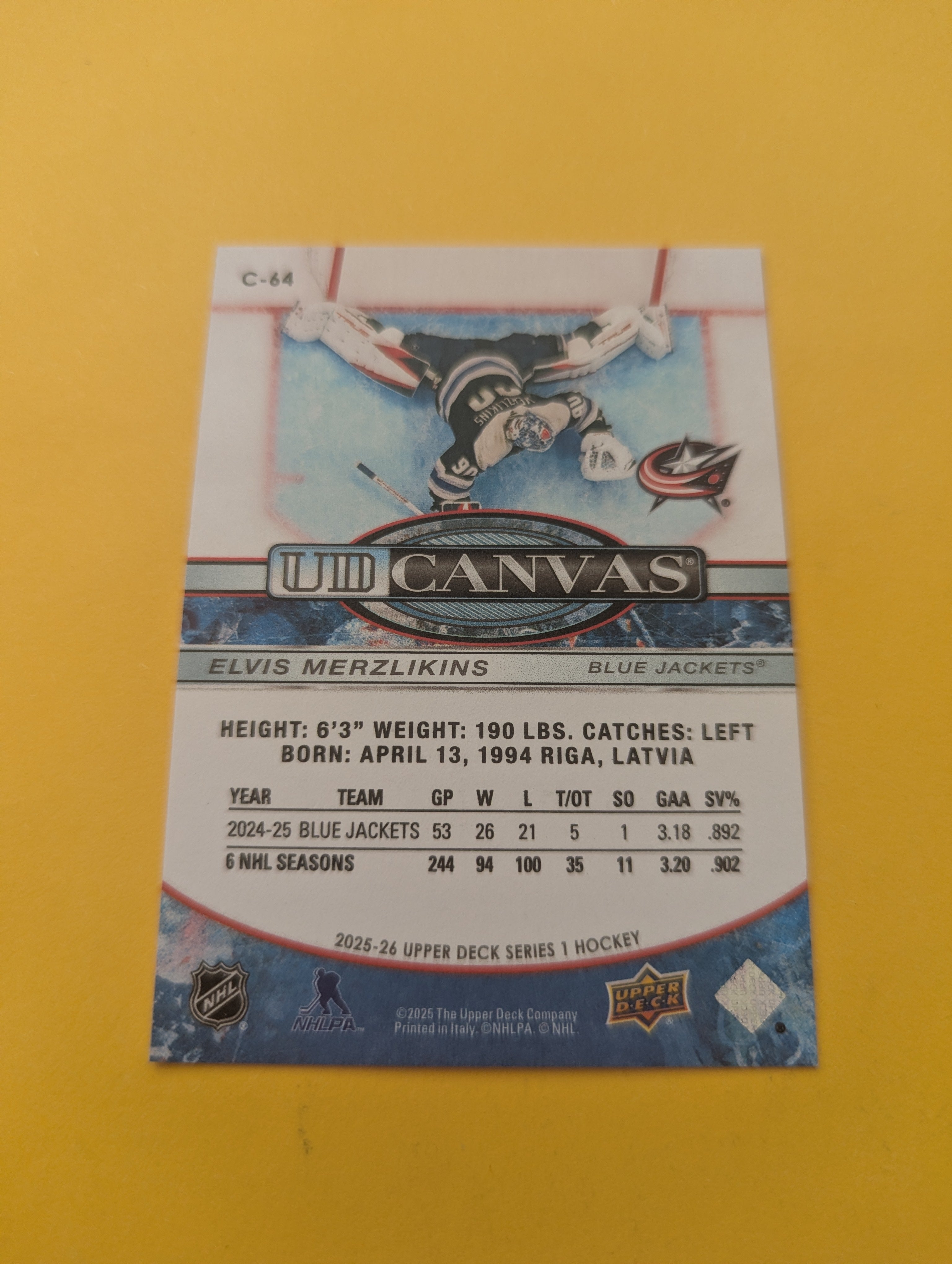 Elvis Merzlikins 25-26 Upper Deck UD Canvas Card