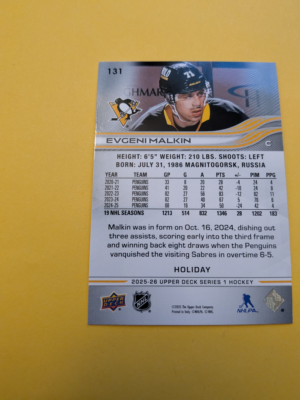 Evgeni Malkin 25-26 Upper Deck Green Holiday Card