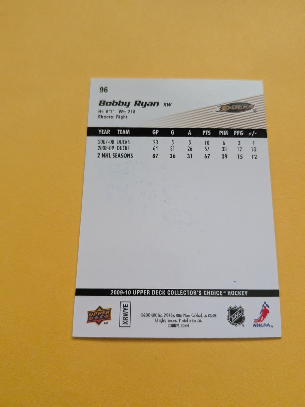 Bobby Ryan Signed Anaheim Ducks Card A