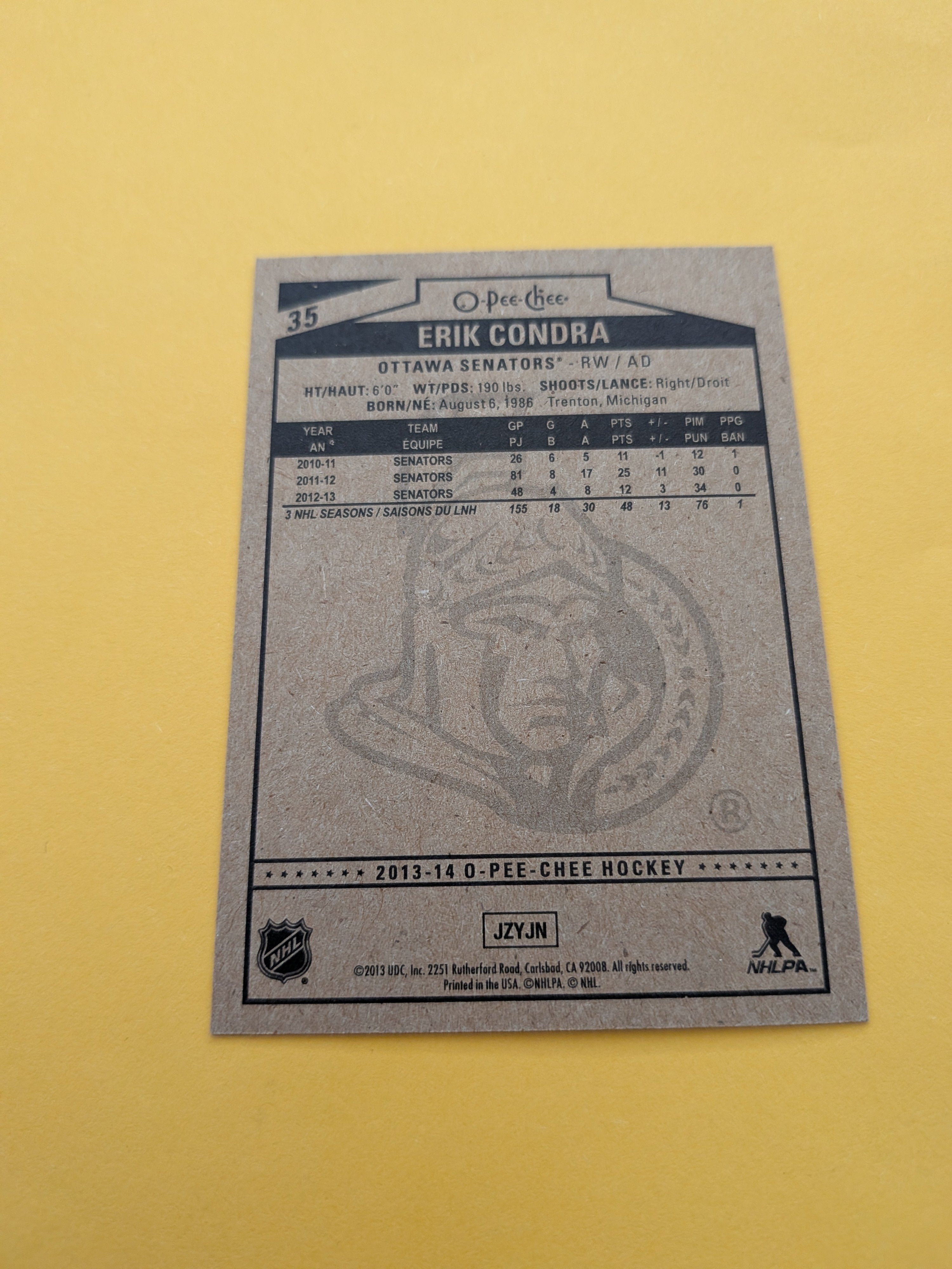 Erik Condra Signed Ottawa Senators Card C